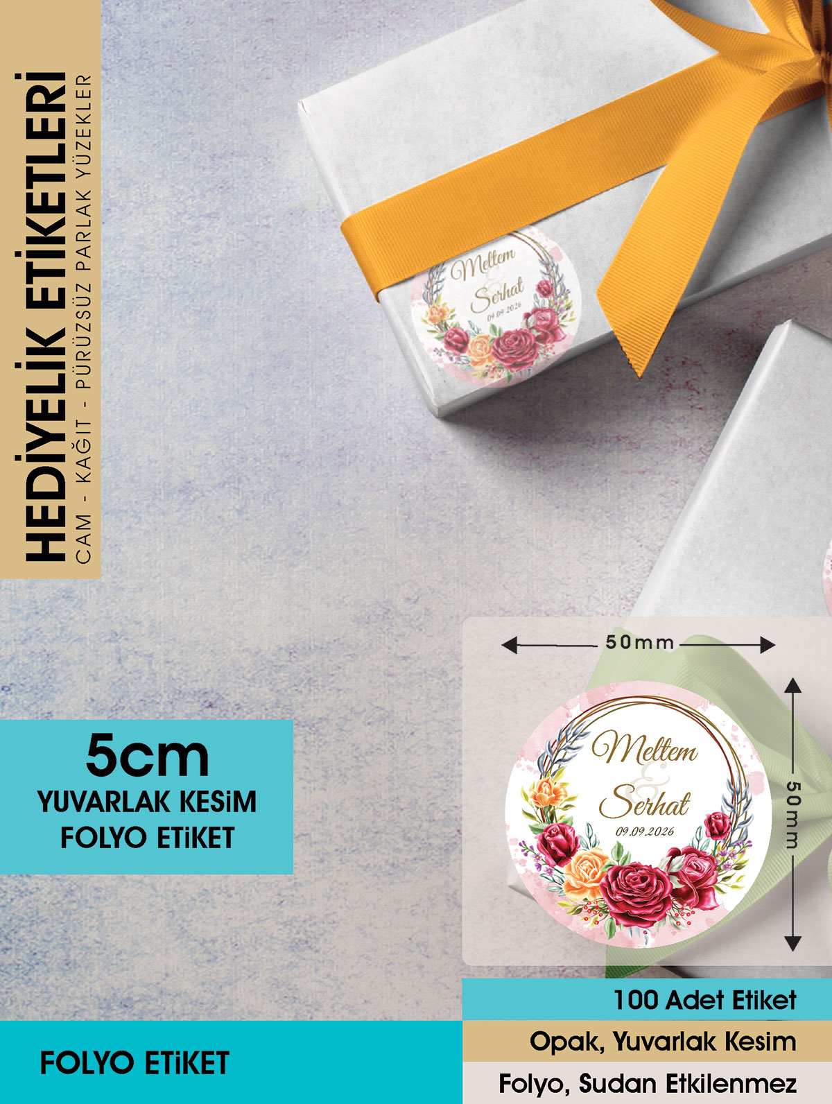 Kırmızı Gül Düğün Etiket Modeli Ürünlerinize Öze 5cm - 100 Adet Folyo Sticker