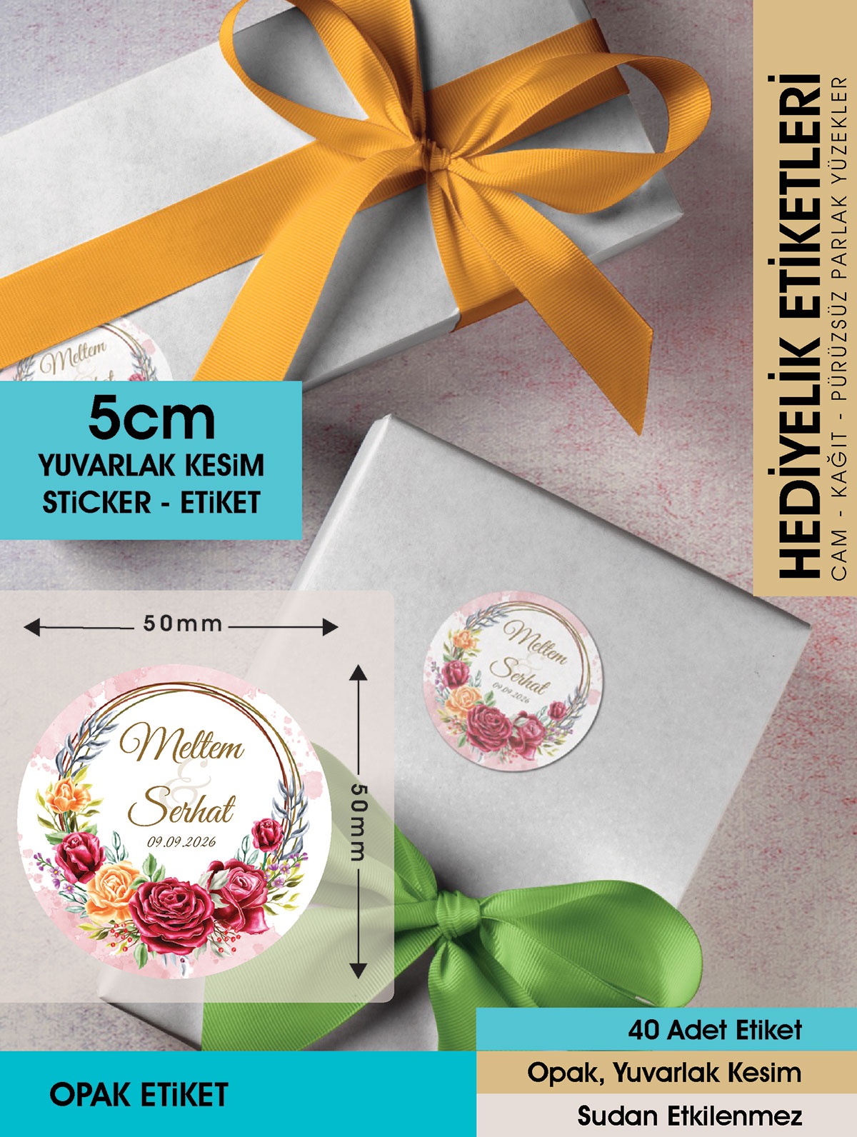Kırmızı Gül Düğün Etiket Modeli Ürünlerinize Öze 5cm - 40 Adet Opak Sticker