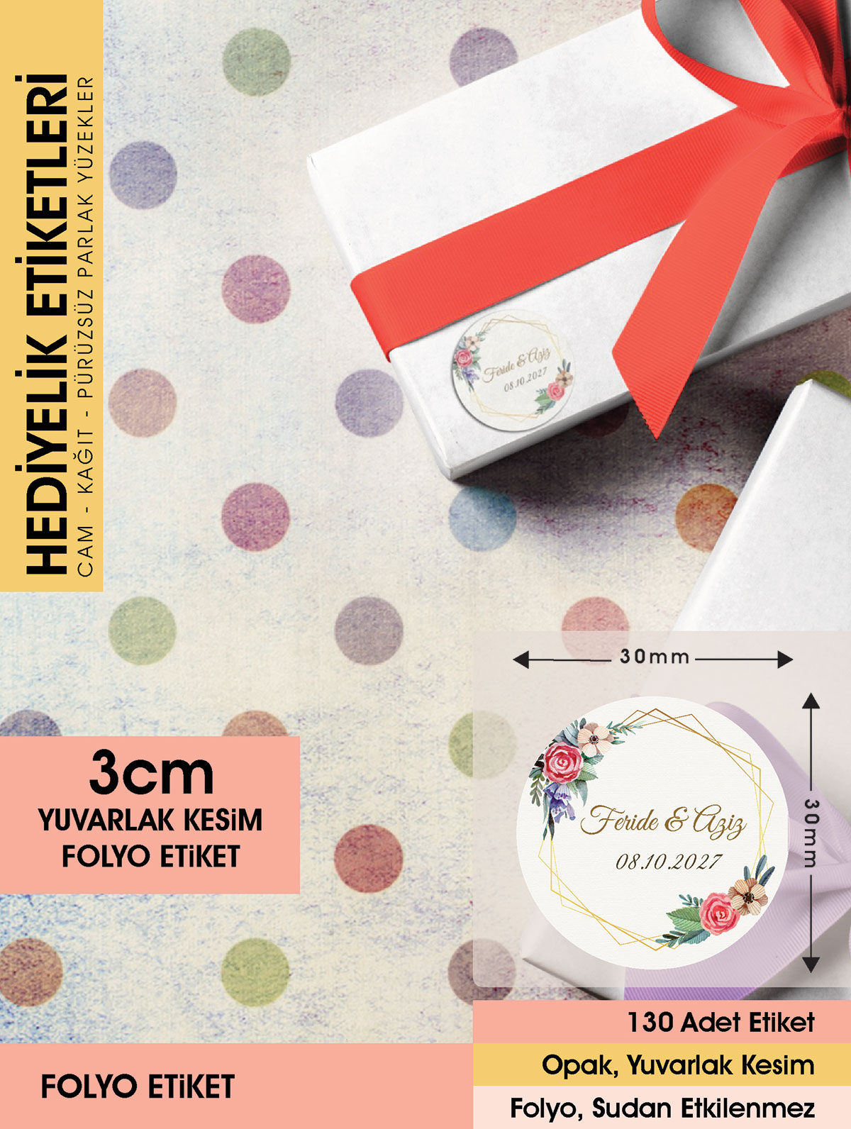 Suluboya Çiçek Modeli, Etiket Modeli Ürünlerinize Özel 3cm - 130 Adet Folyo Sticker