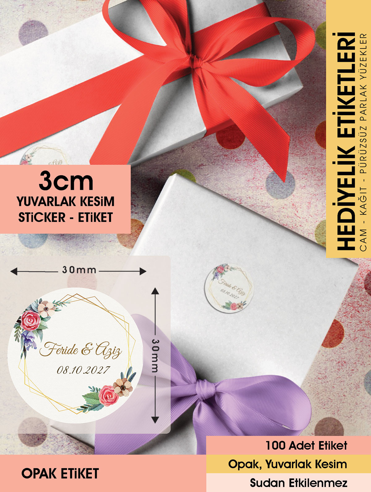 Suluboya Çiçek Modeli, Etiket Modeli Ürünlerinize Özel 3cm - 100 Adet Opak Sticker