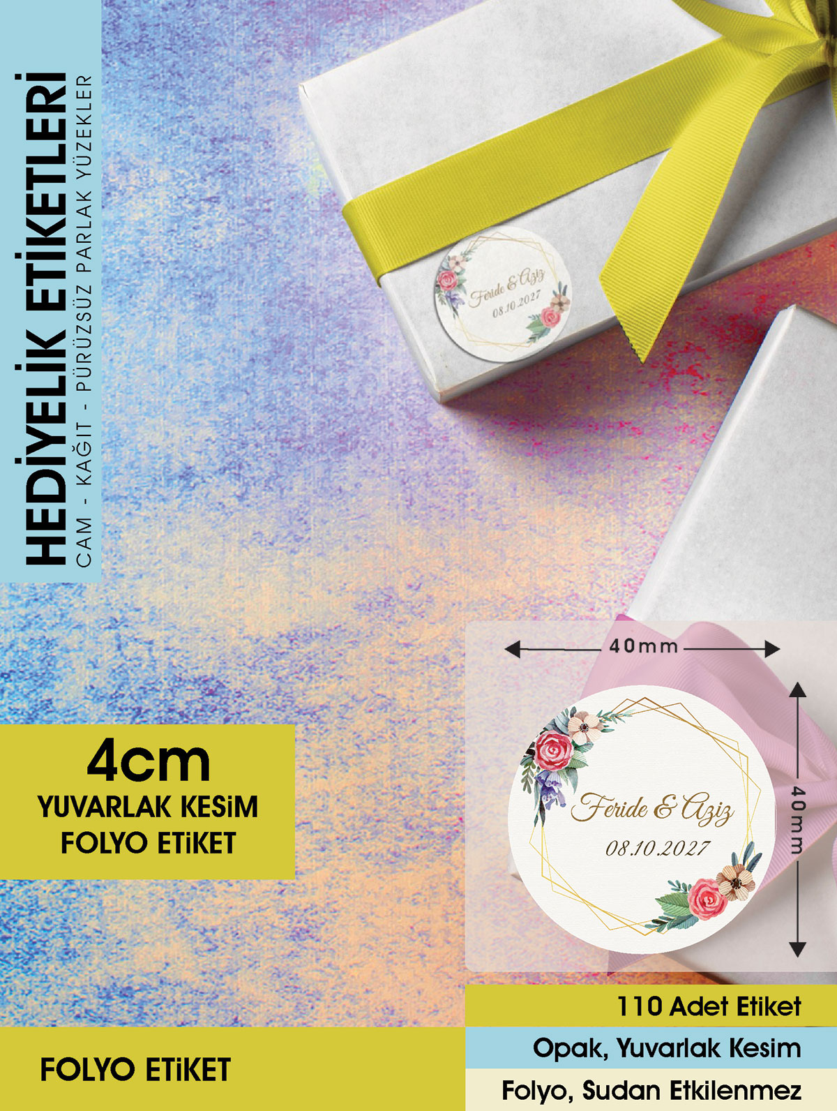 Suluboya Çiçek Modeli, Etiket Modeli Ürünlerinize Özel 4cm - 110 Adet Folyo Sticker