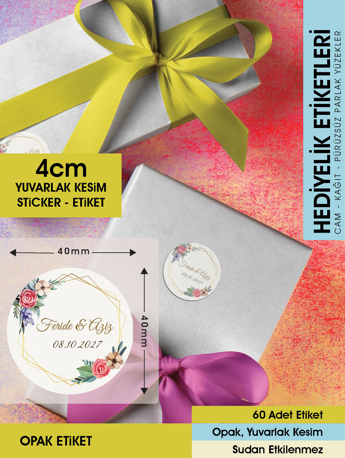 Suluboya Çiçek Modeli, Etiket Modeli Ürünlerinize Özel 4cm - 60 Adet Opak Sticker