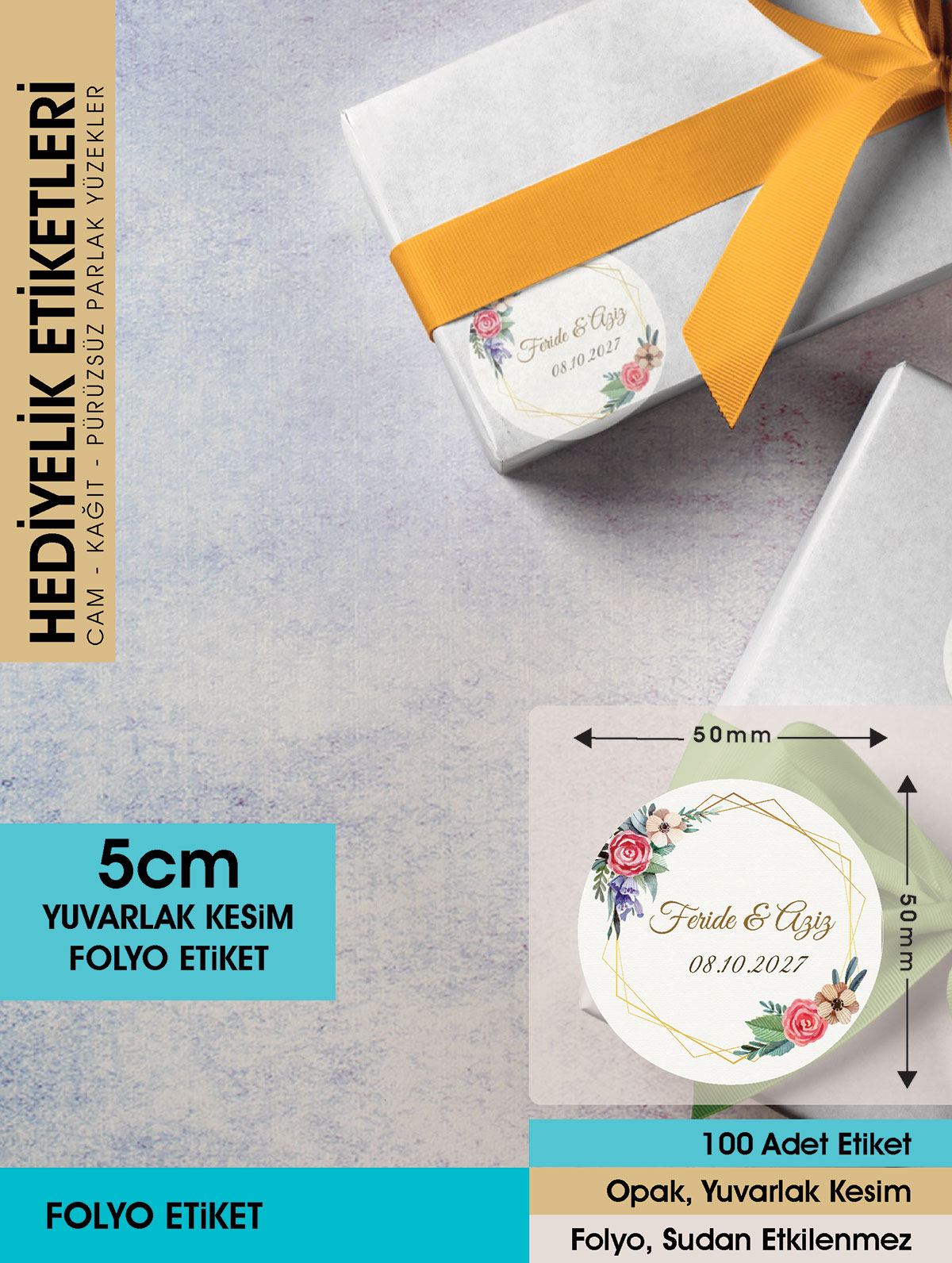 Suluboya Çiçek Modeli, Etiket Modeli Ürünlerinize Özel 5cm - 100 Adet Folyo Sticker