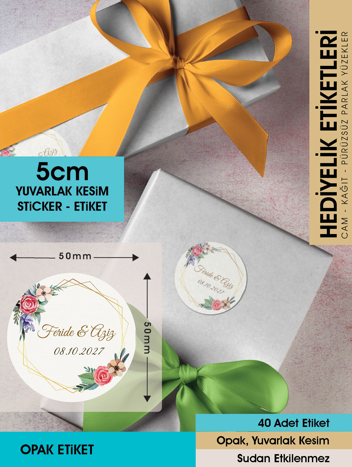 Suluboya Çiçek Modeli, Etiket Modeli Ürünlerinize Özel 5cm - 40 Adet Opak Sticker