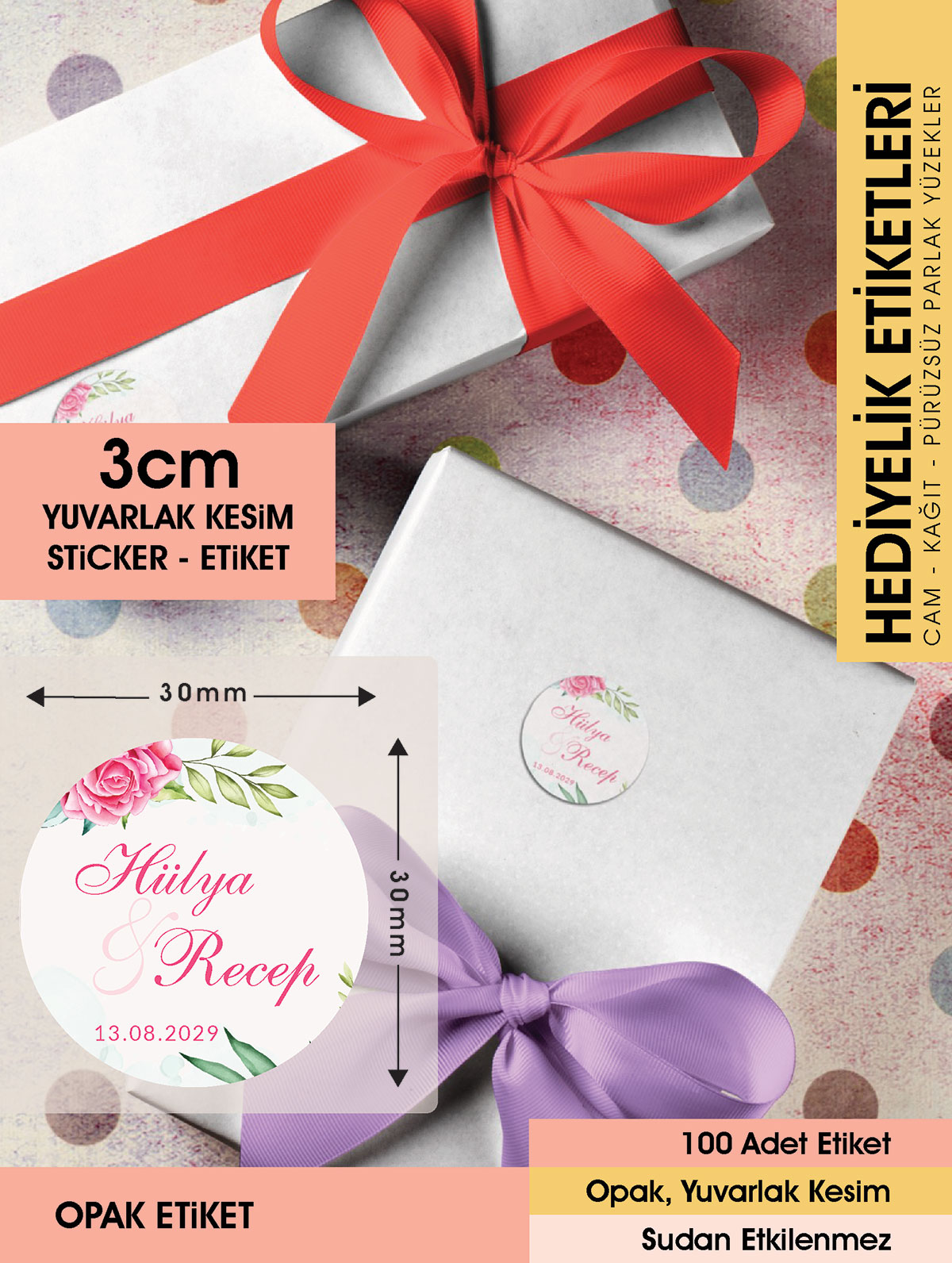 Pembe Gül Etiket Modeli, Ürünlerinize Özel 3cm  - 100 Adet Opak Sticker