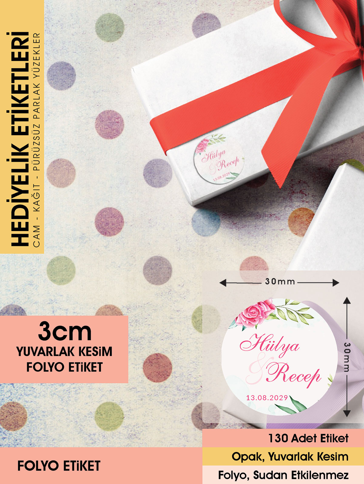 Pembe Gül Etiket Modeli, Ürünlerinize Öze 3cm - 130 Adet Folyo Sticker