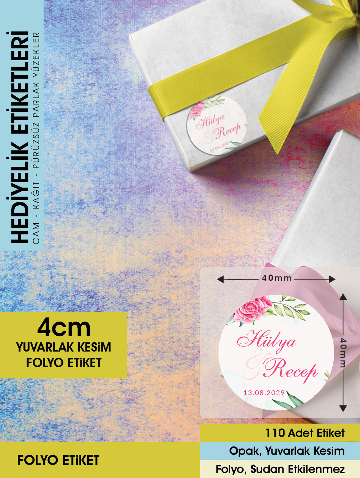 Pembe Gül Etiket Modeli, Ürünlerinize Öze 4cm - 110 Adet Folyo Sticker