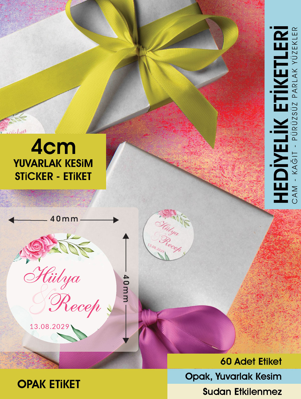 Pembe Gül Etiket Modeli, Ürünlerinize Özel 4cm  - 60 Adet Opak Sticker