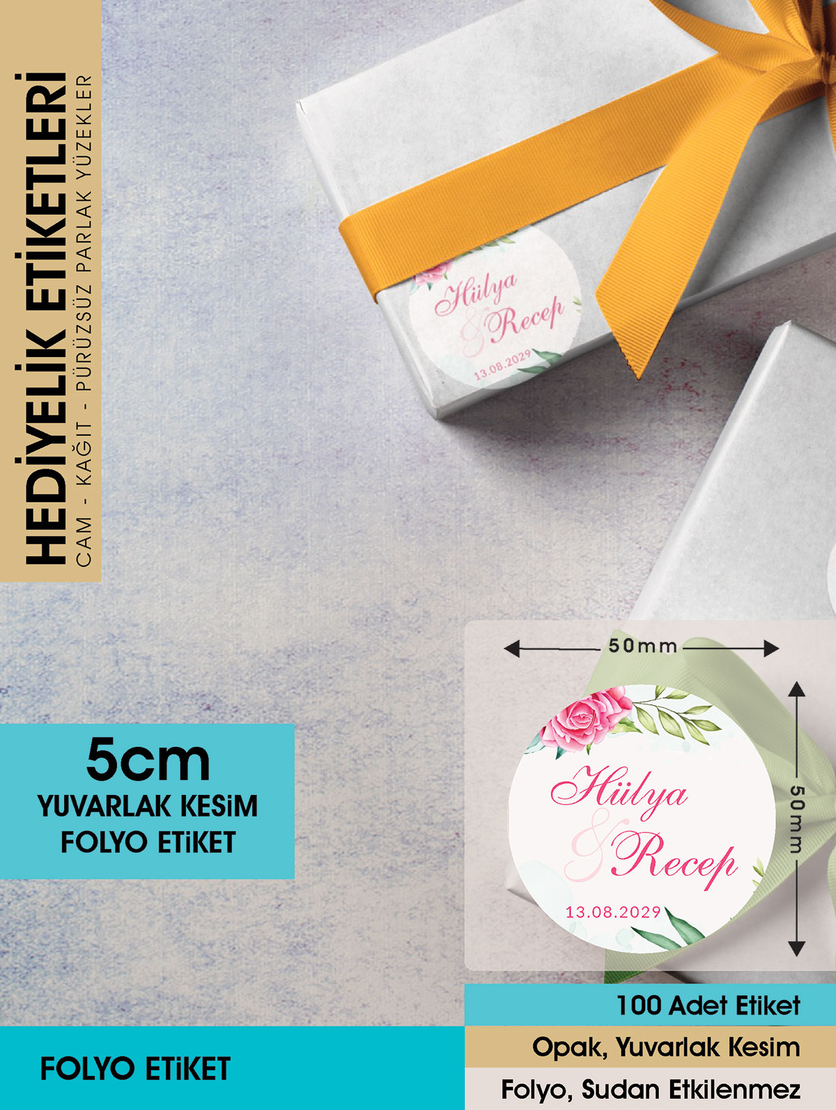 Pembe Gül Etiket Modeli, Ürünlerinize Özel 5cm - 100 Adet Folyo Sticker