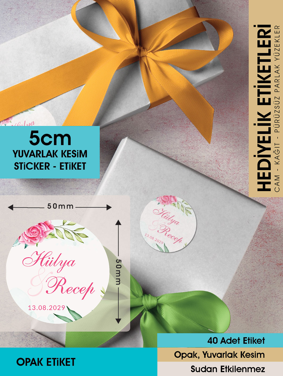 Pembe Gül Etiket Modeli, Ürünlerinize Özel 5cm - 40 Adet Opak Sticker