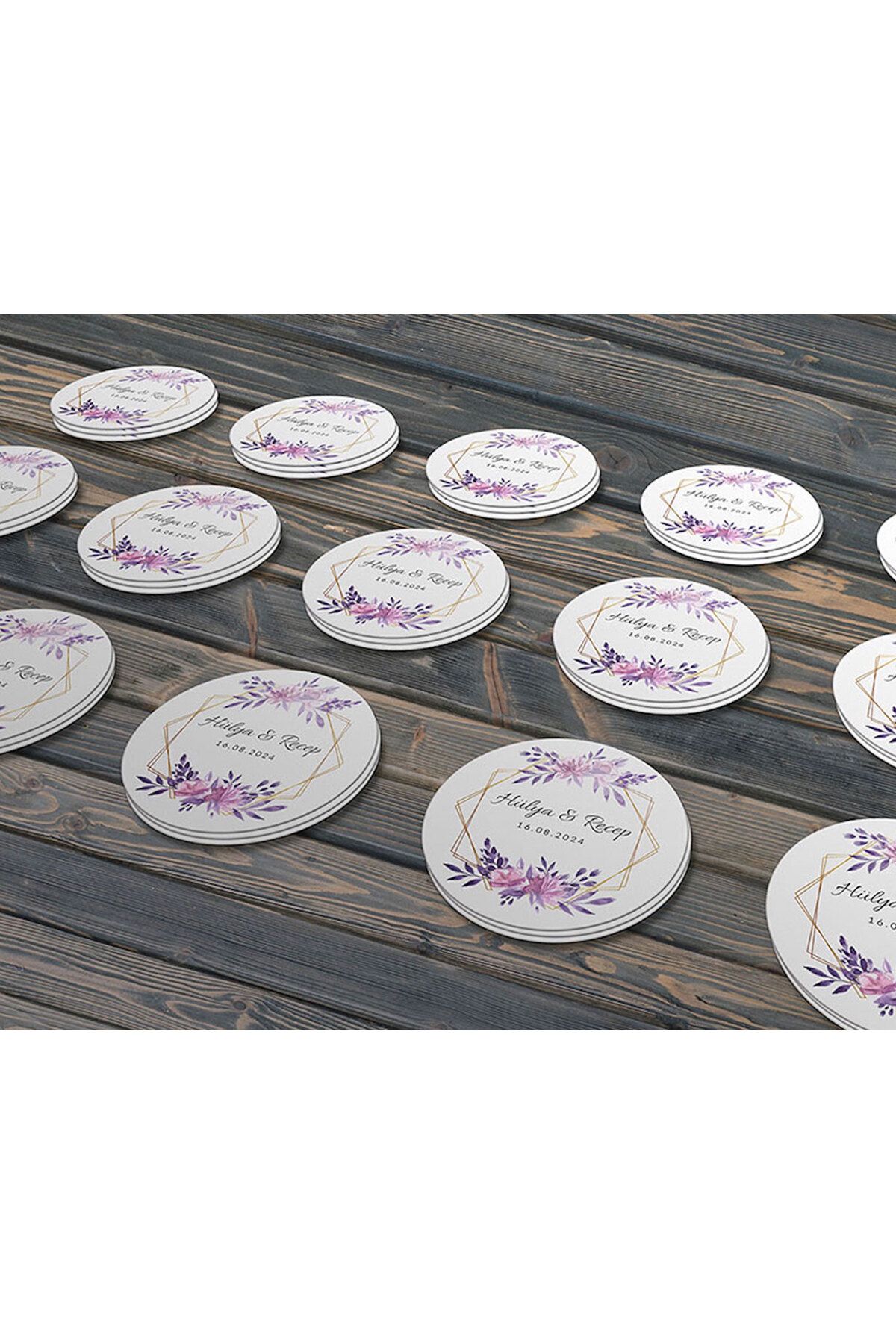 Mor Pembe Çiçek Düğün Hediyelik Etiket 4cm - 110 Adet Letbil Folyo Sticker