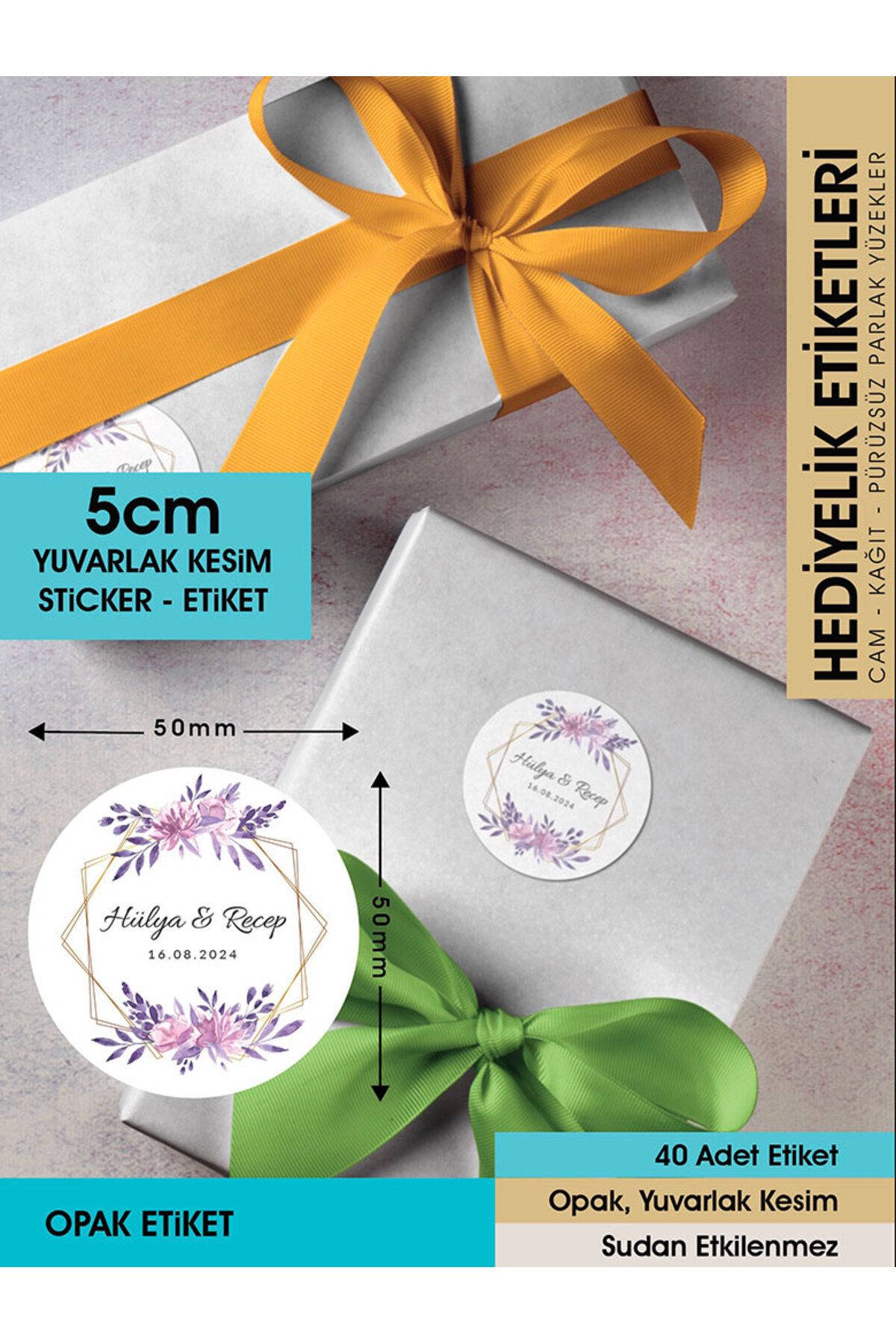 MOR PEMBE ÇİÇEK DÜĞÜN HEDİYELİK ETİKET 5CM - LETBİL 40 ADET OPAK STİCKER