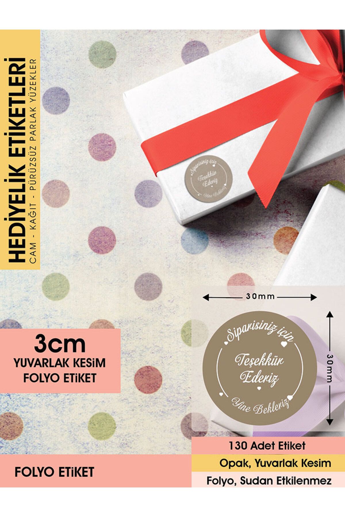 Teşekkür Ederiz Etiketi, Kahverengi 3 Cm - 65 Adet Letbil Folyo Sticker