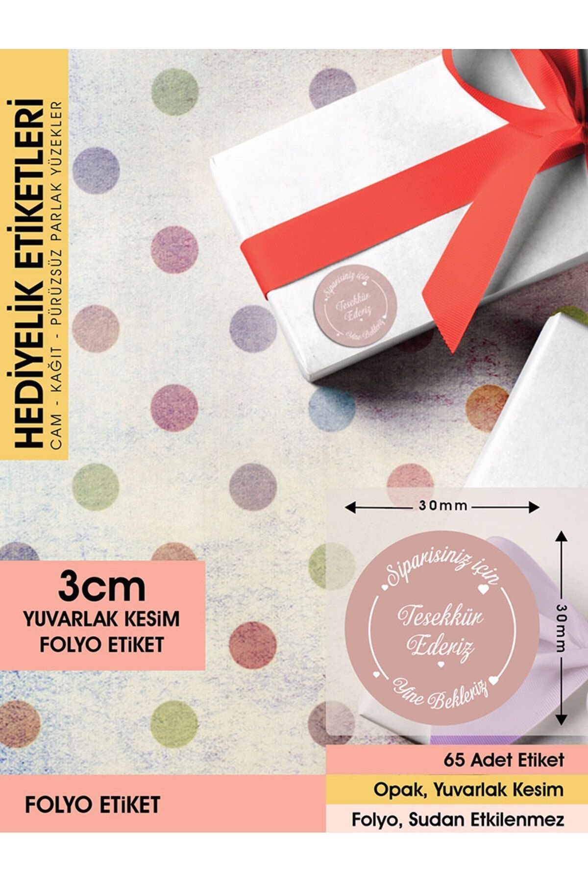 Teşekkür Ederiz Etiketi, Soft Pembe 3 Cm - 65 Adet Letbil Folyo Sticker