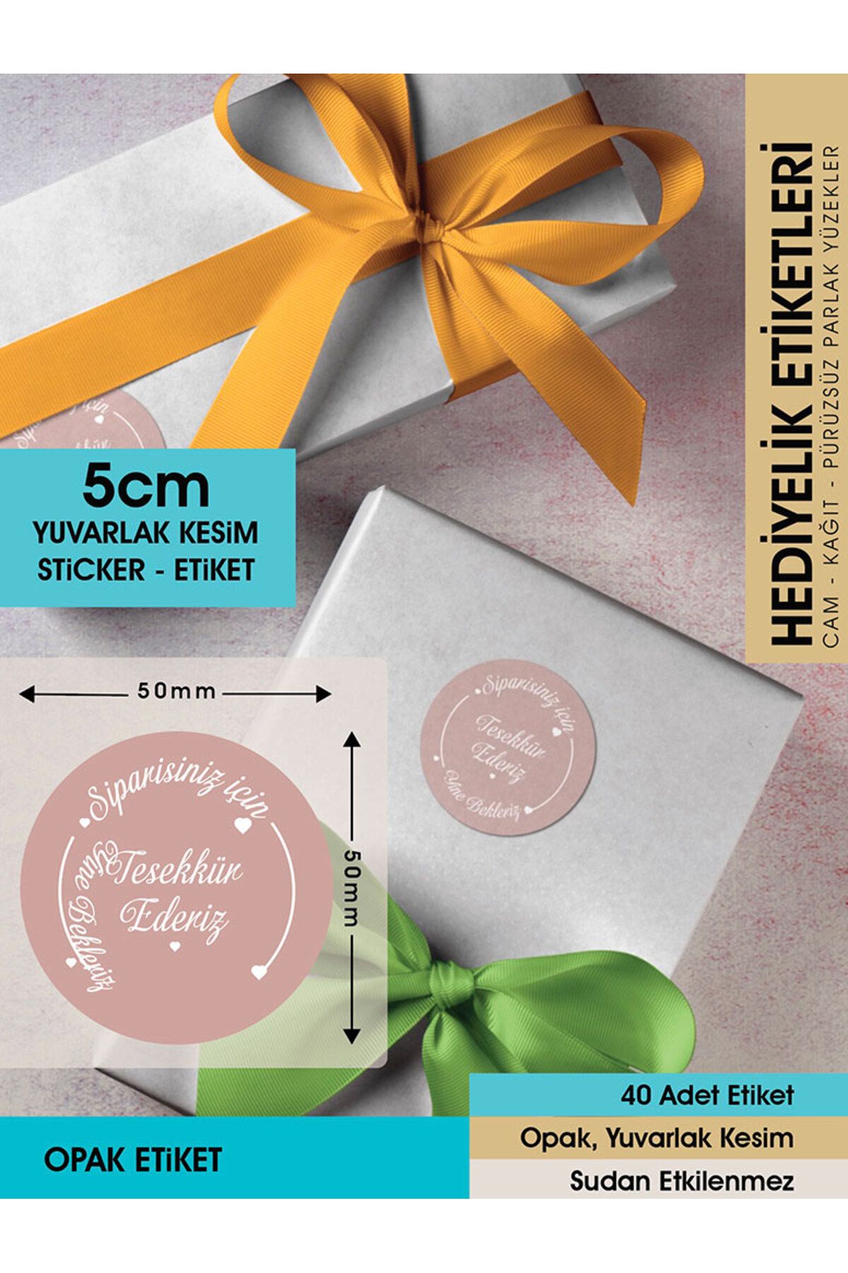 Etiket - Teşekkür Ederiz Pastel Pembe Etiketi, Ürünlerinize Özel 5 Cm - Letbil 40 Adet Opak Sticker