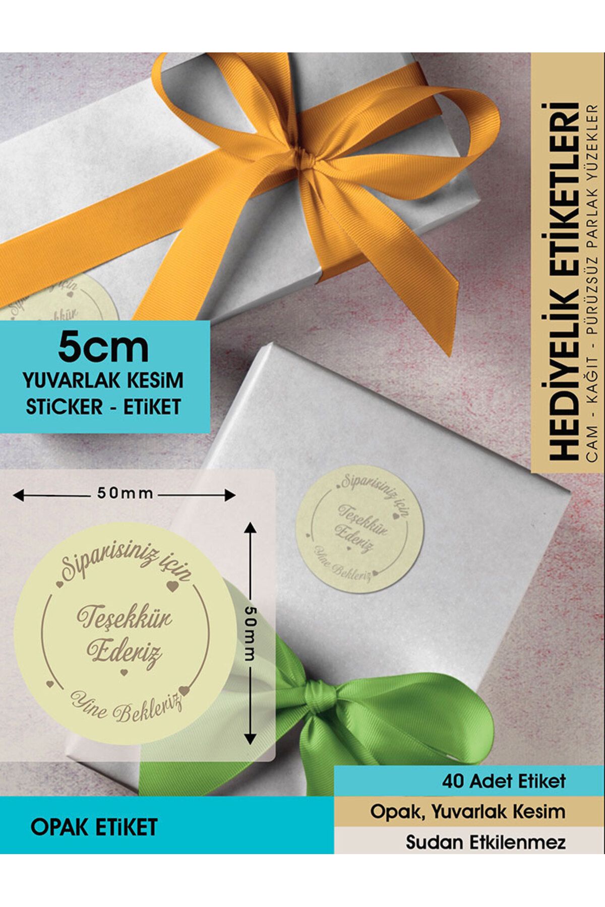 Teşekkür Ederiz Etiketi, Krem 5 Cm - Letbil 40 Adet Opak Sticker
