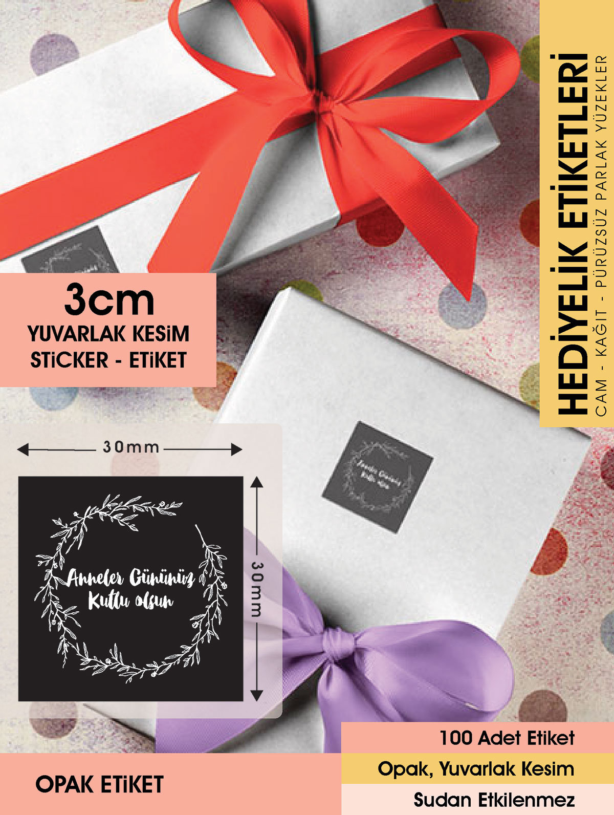 Anneler Günü Etiketi, Özel Günler için 3 Cm - Letbil 80 Adet Opak Sticker