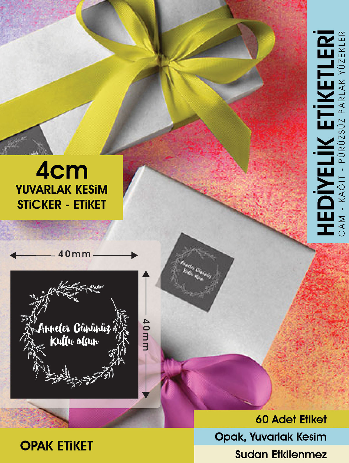 Anneler Günü Etiketi, Özel Günler için 4 Cm - Letbil 50 Adet Opak Sticker