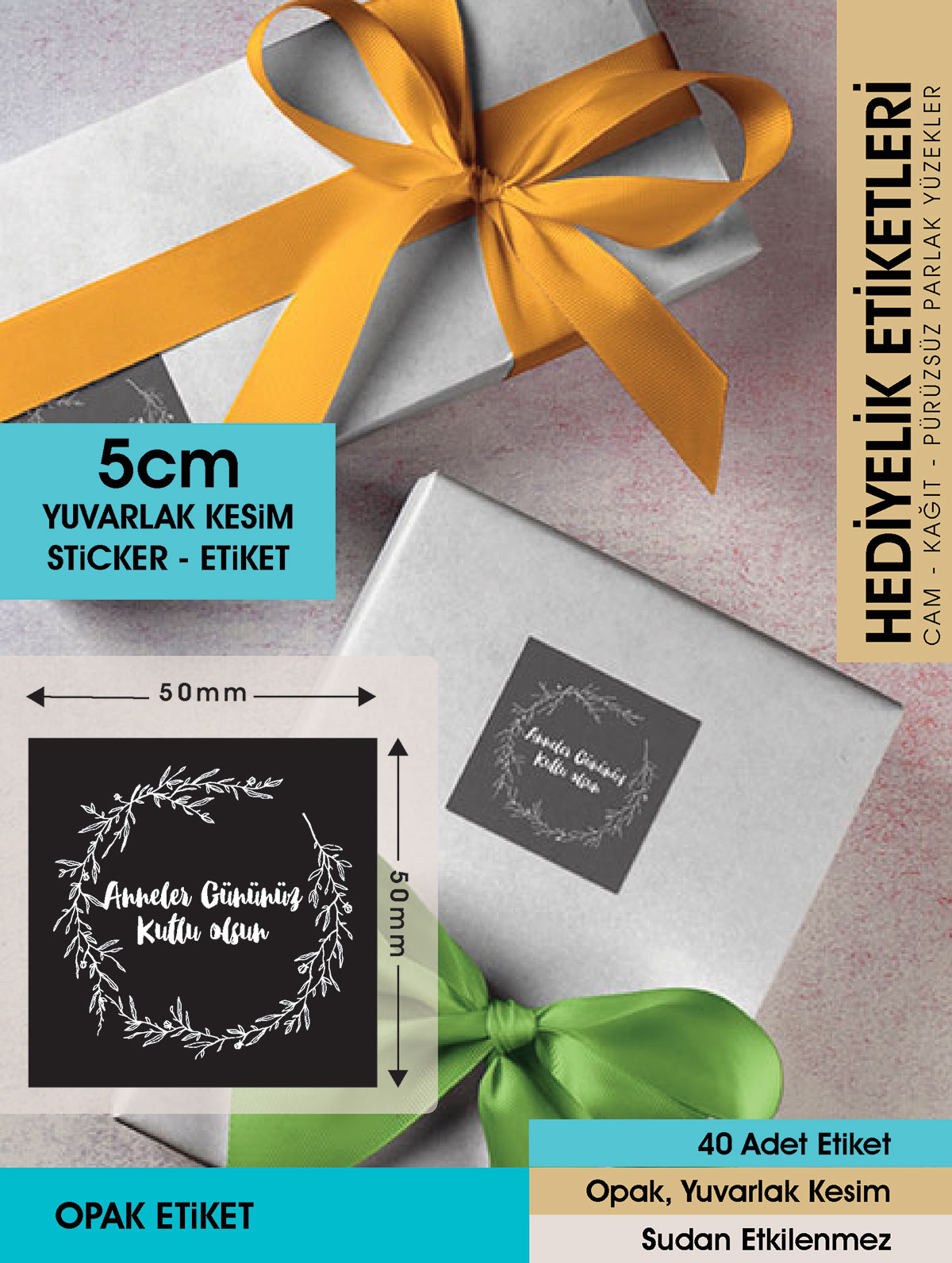 Anneler Günü Etiketi, Özel Günler için 5 Cm - Letbil 40 Adet Opak Sticker