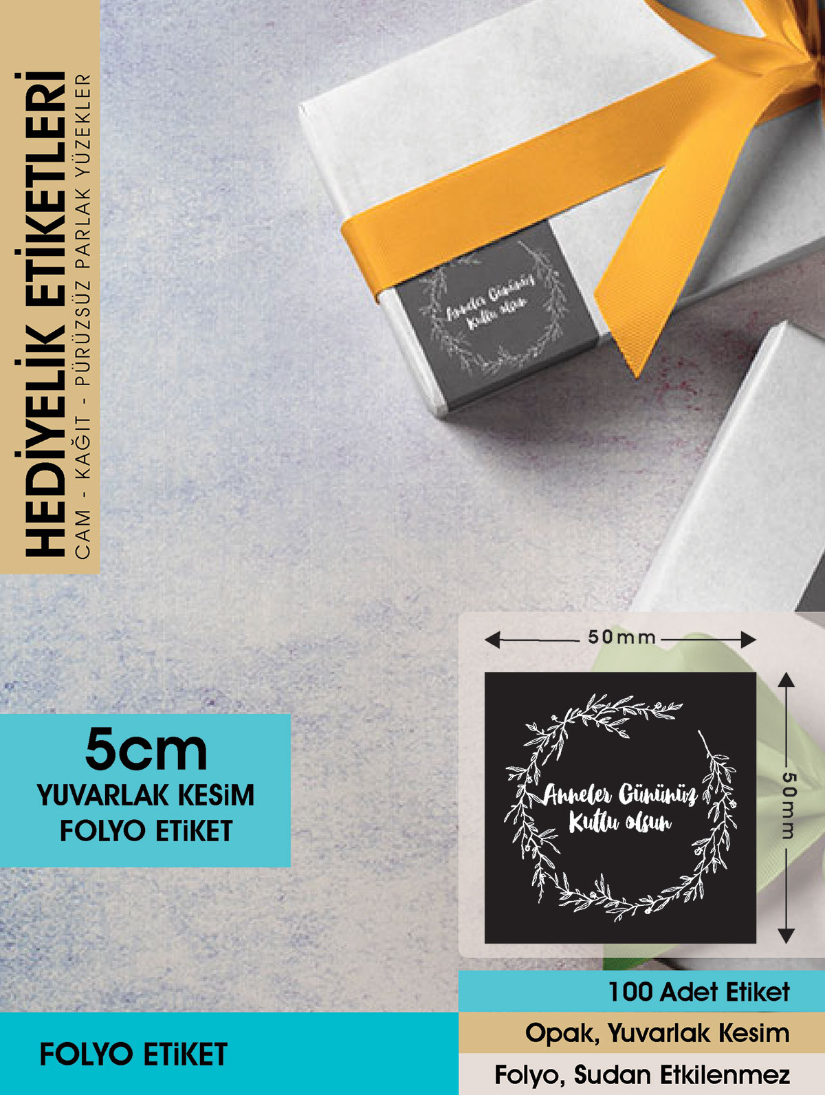 Anneler Günü Etiketi, Özel Günler için 5 Cm - 100 Adet Letbil Folyo Sticker