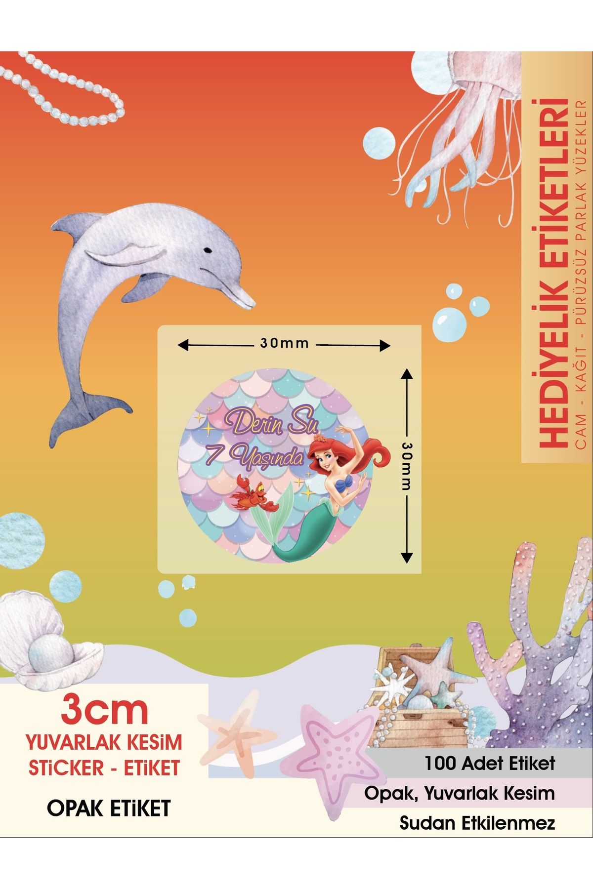 Deniz Kızı Doğum Günü Etiket 3cm - 100 Adet Opak Sticker