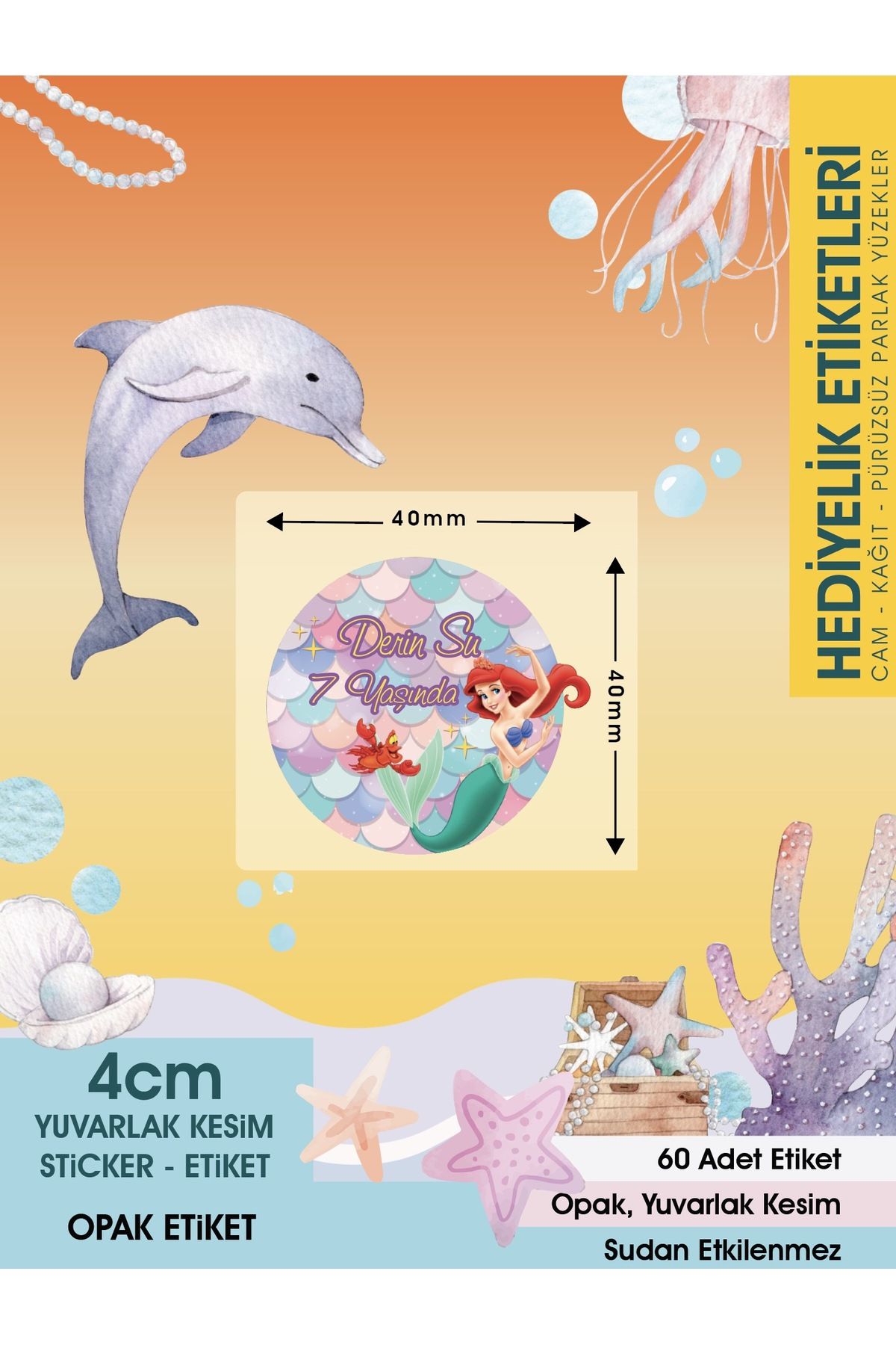 Deniz Kızı Doğum Günü Etiket 4cm - 60 Adet Opak Etiket