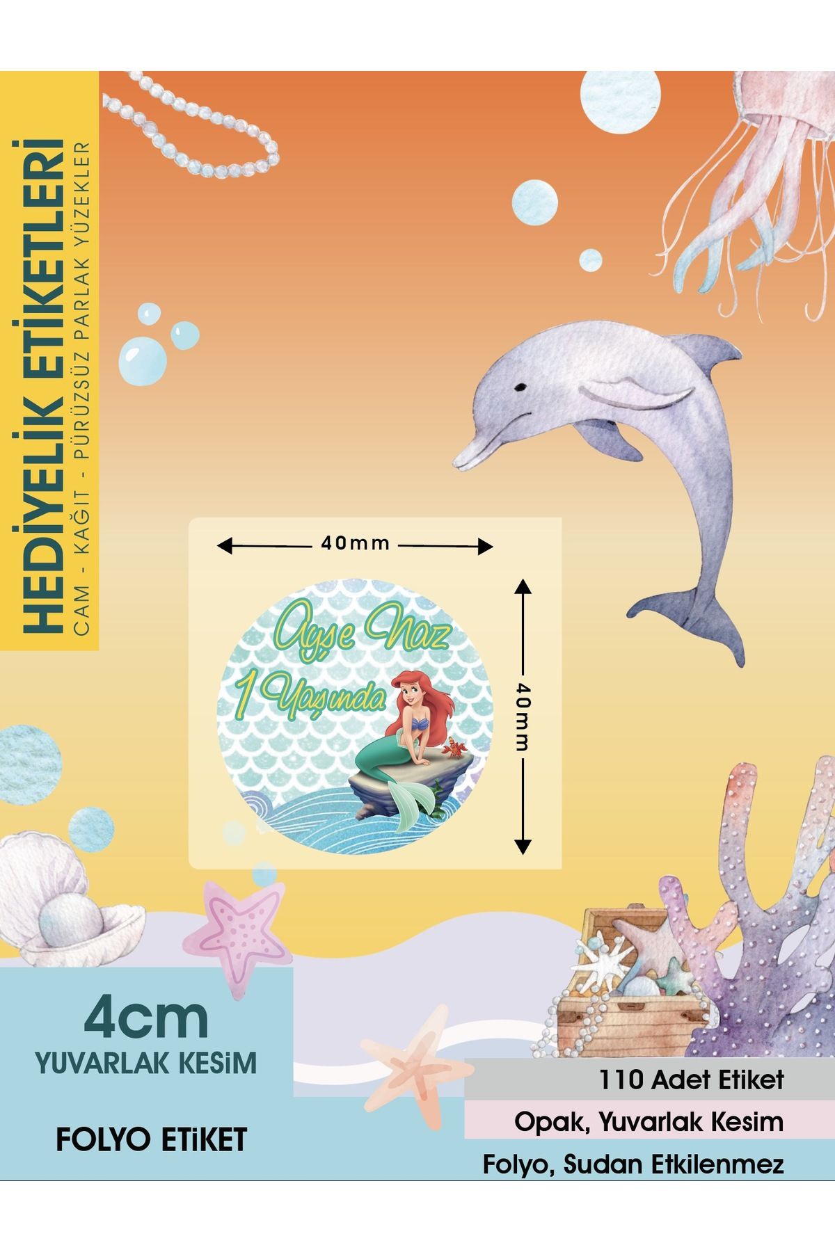 Deniz Kızı 2, Doğum Günü Etiket 4cm - 110 Adet Folyo Sticker