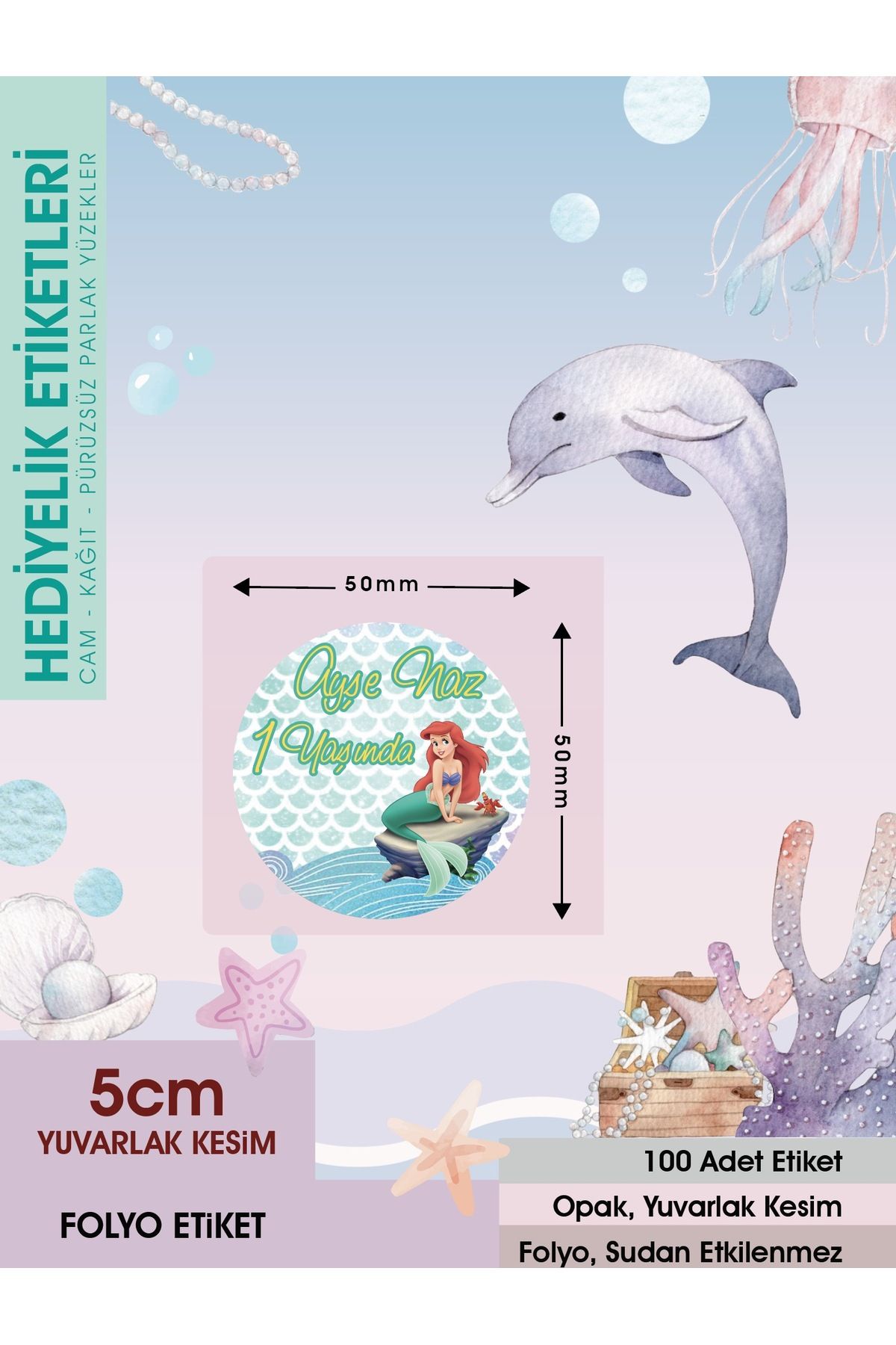 Deniz Kızı 2 Doğum Günü Etiketi 5cm - 96 Adet Folyo Sticker