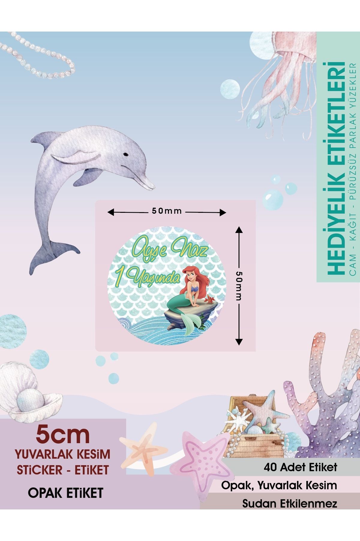 Deniz Kızı 2, Doğum Günü Etiket 5cm - 40 Adet Opak Etiket