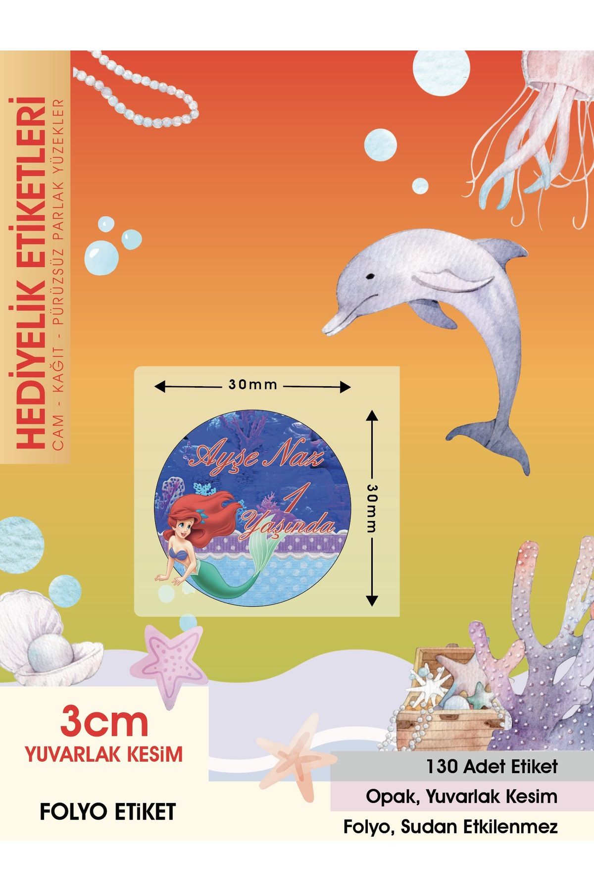 Deniz Kızı 3, Doğum Günü Etiket 3cm - 130 Adet Folyo Sticker