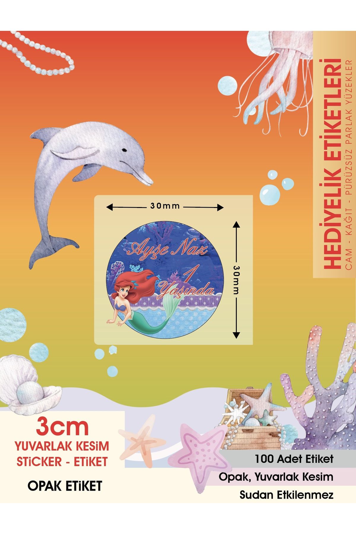 Deniz Kızı 3, Doğum Günü Etiket 3cm - 100 Adet Opak Sticker