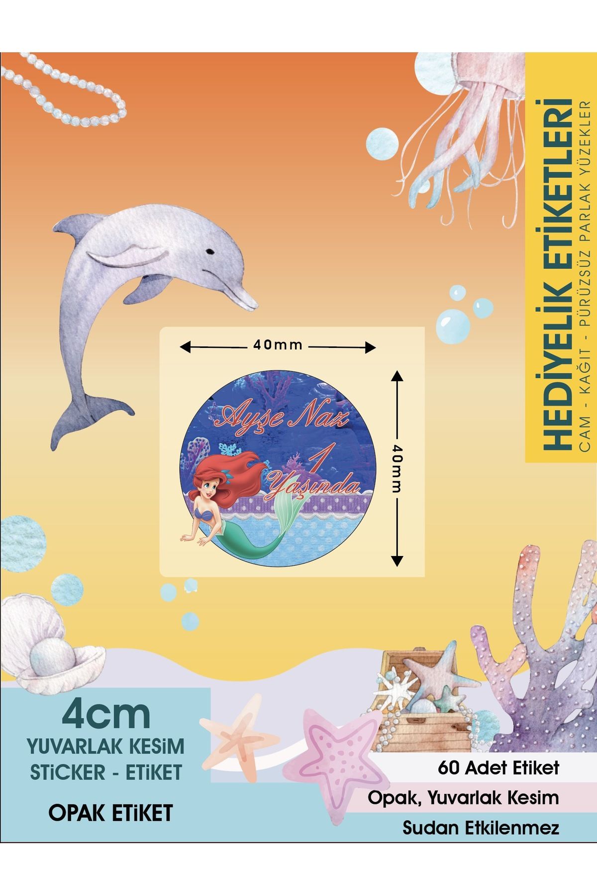 Deniz Kızı 3, Doğum Günü Etiket 4cm - 60 Adet Opak Sticker