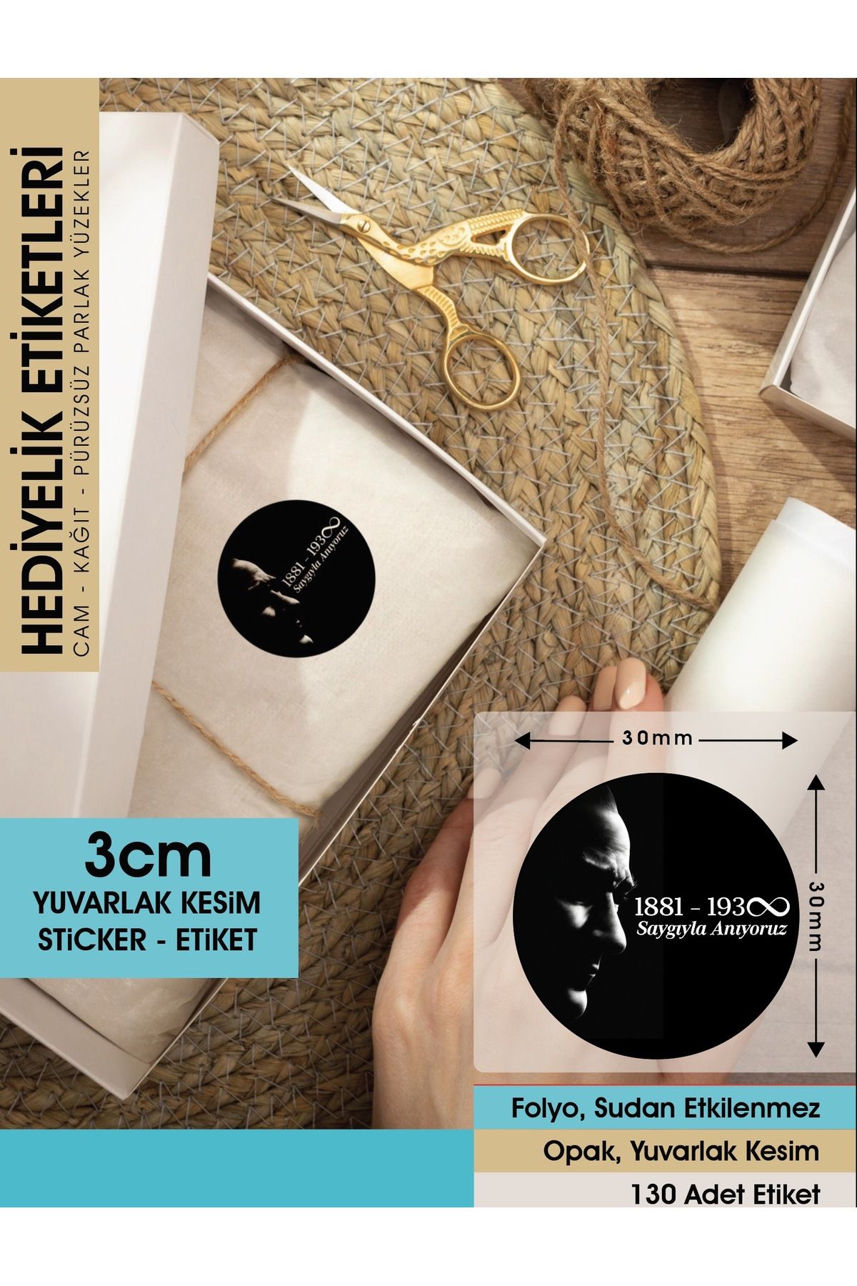 10 Kasım Atatürkü Anma Etiketi 3cm - 100 Adet Opak Sticker