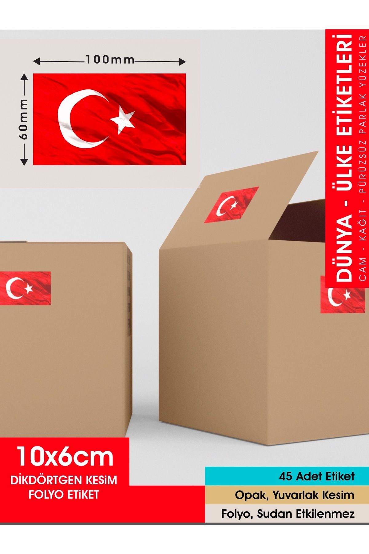 Etiket -türkiye Bayrağı Etiket Modeli 10x6 Cm - 45 Adet Folyo Sticker