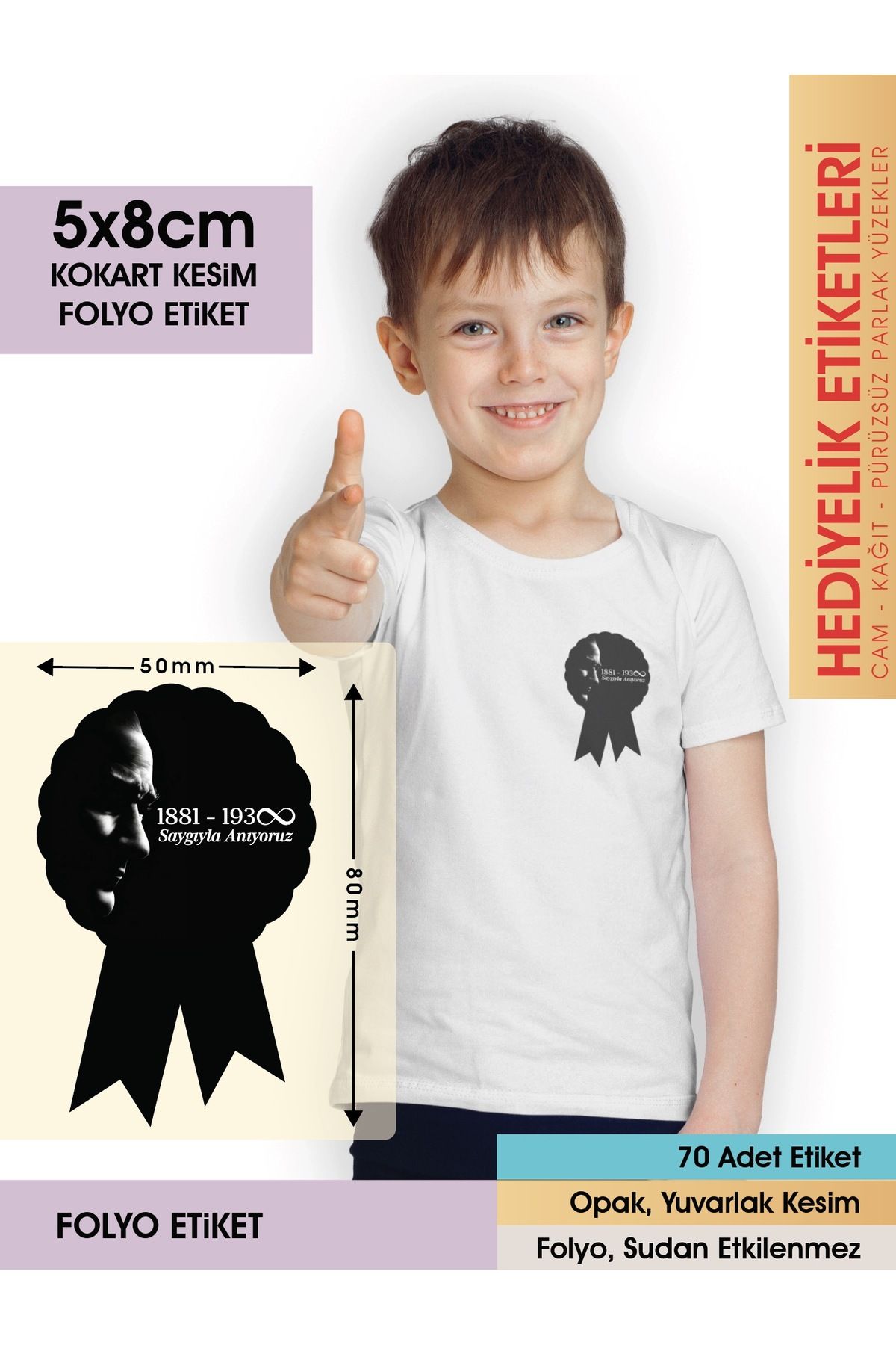 10 Kasım Etiketi - Atatürk’ü Anma Kokart Etiketi - 2 - 5x8cm - 70 Adet Folyo Sticker