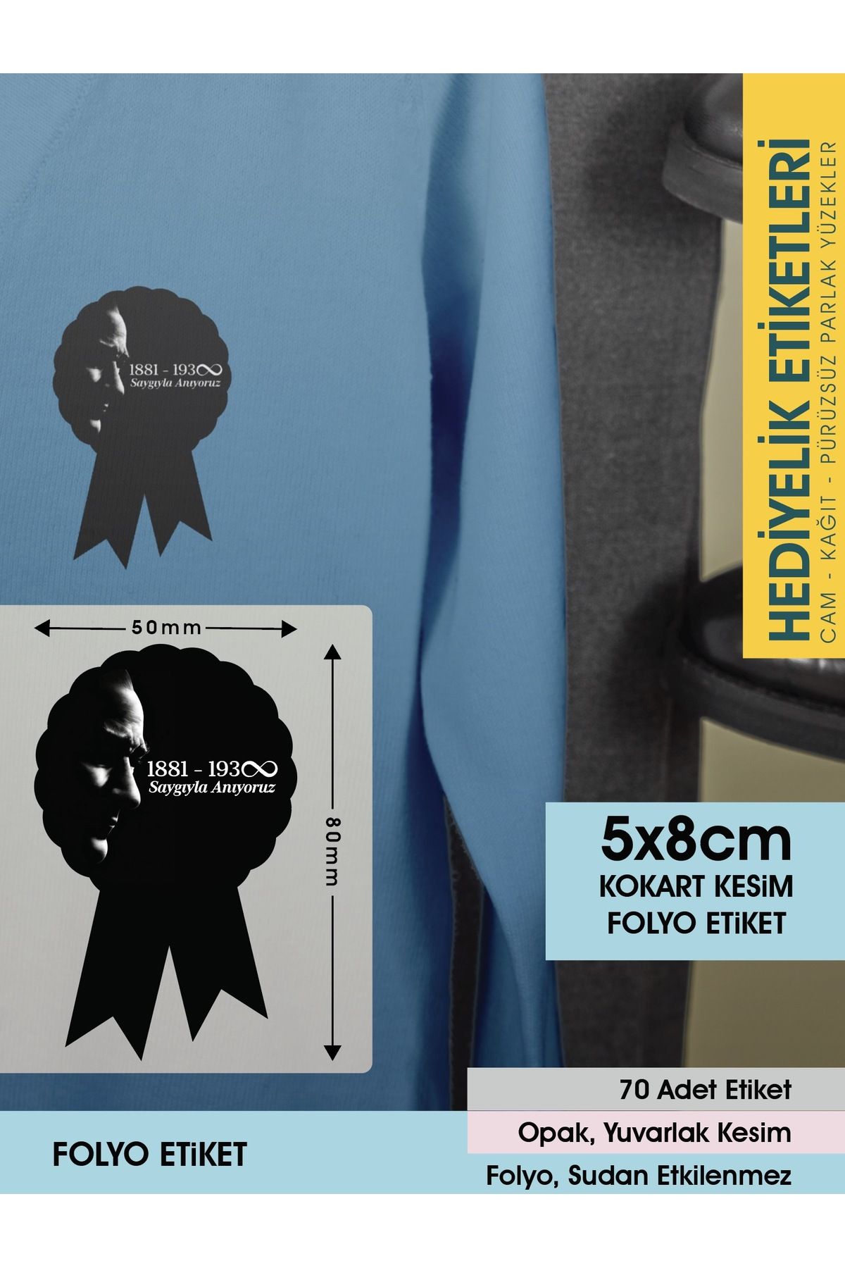 10 Kasım Etiketi - Atatürk’ü Anma Kokart Etiketi - 2 - 5x8cm - 70 Adet Folyo Sticker