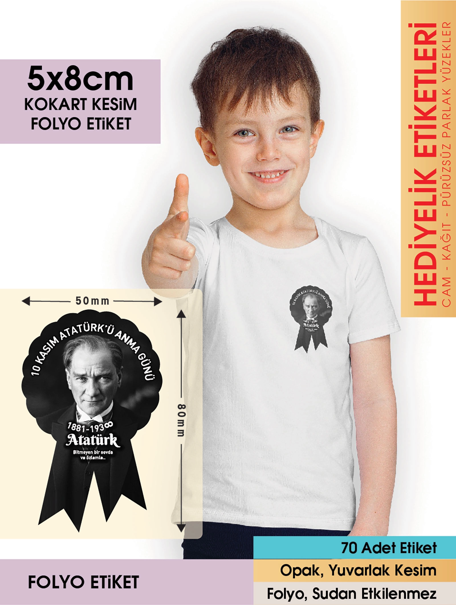 10 Kasım Etiketi - Atatürk’ü Anma Kokart Etiketi - 3 - 5x8cm - 70 Adet Folyo Sticker