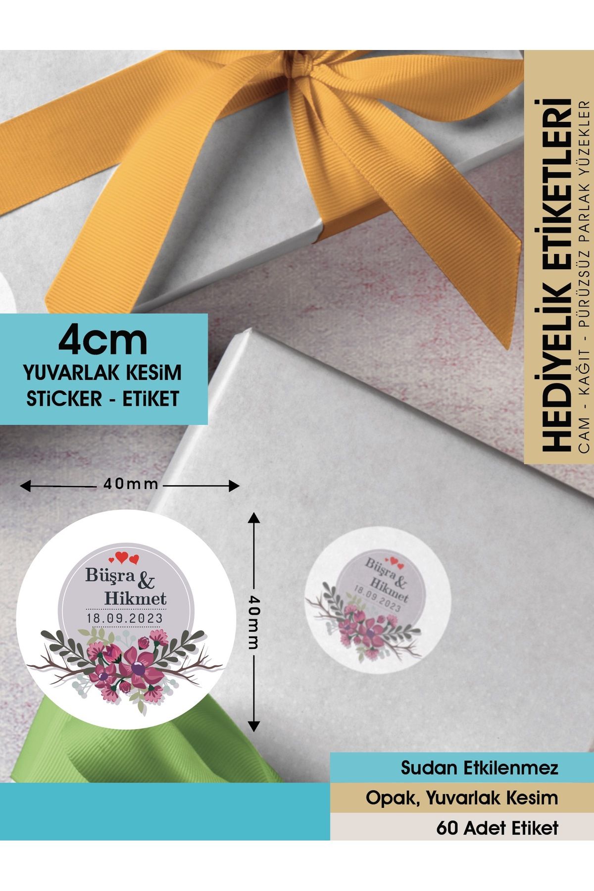 Kalpli Çiçek Motifli, Hediyelik Etiket 4 Cm - Sticker