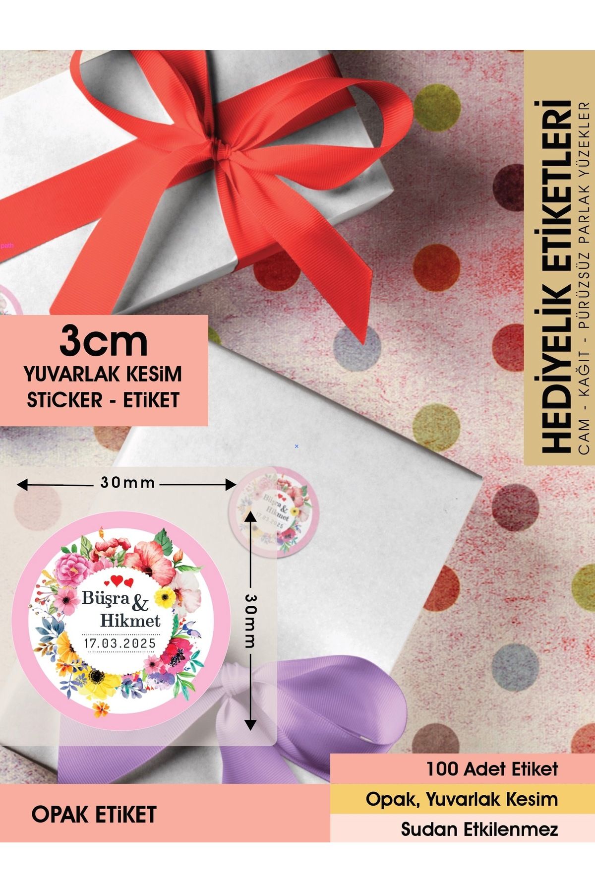 Rengarenk Çiçekler, Hediyelik Etiket 3 Cm - 100 Adet Opak Sticker