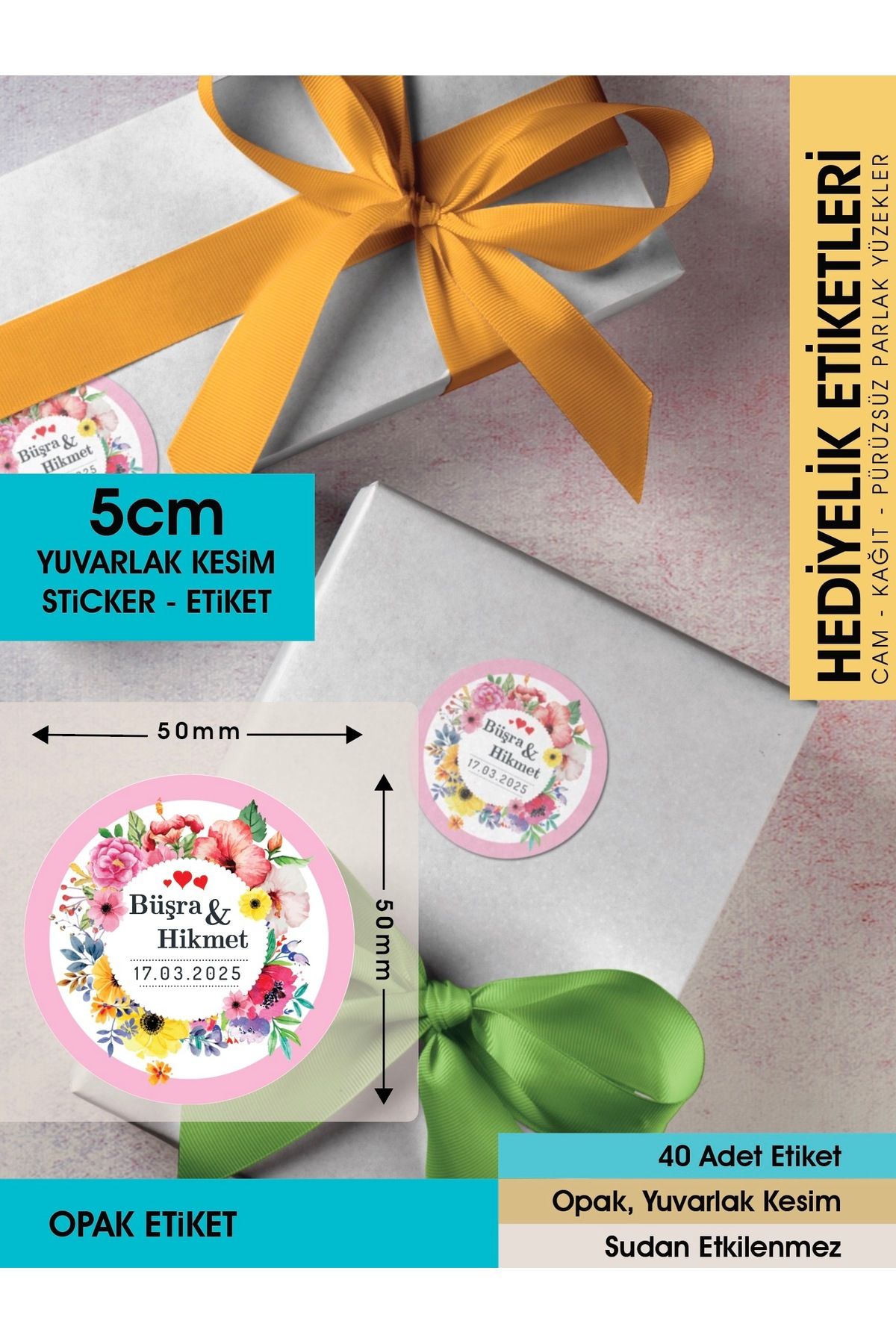 Rengarenk Çiçekler, Hediyelik Etiket 5 Cm - 40 Adet Opak Sticker