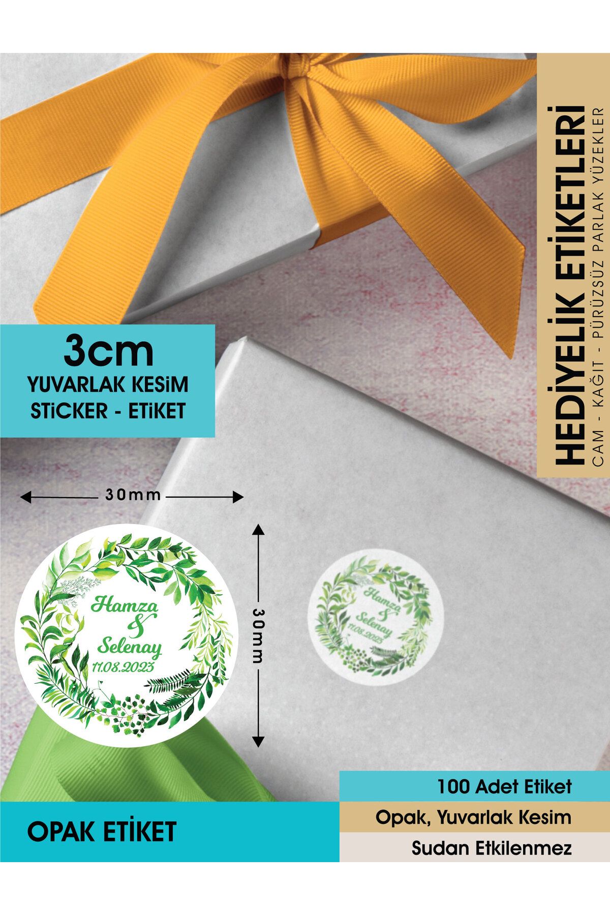 Suluboya Botanik Yeşillik, Hediyelik Etiket 3 Cm - 100 Adet Opak Sticker