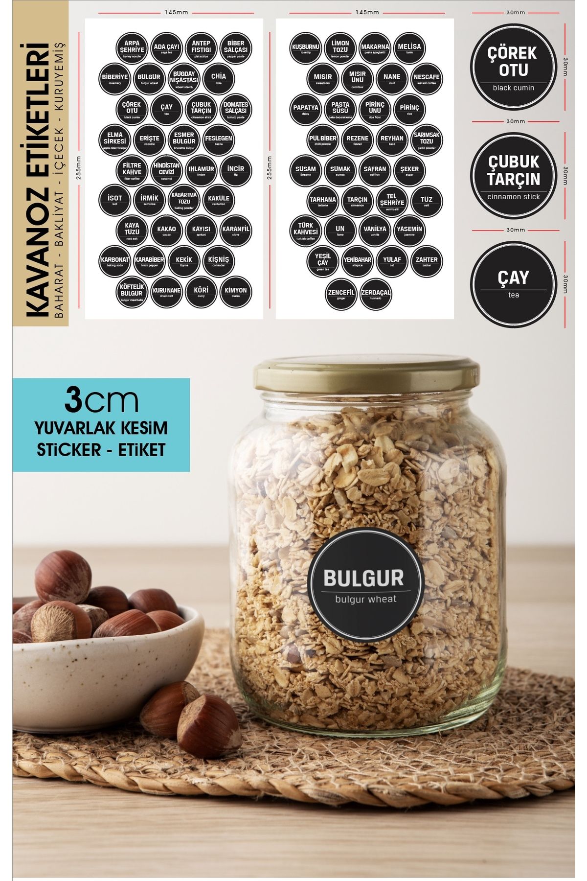 Siyah Yuvarlak Kesim Baharat, Bakliyat Etiket Modeli 3cm - 70 Adet Opak Sticker
