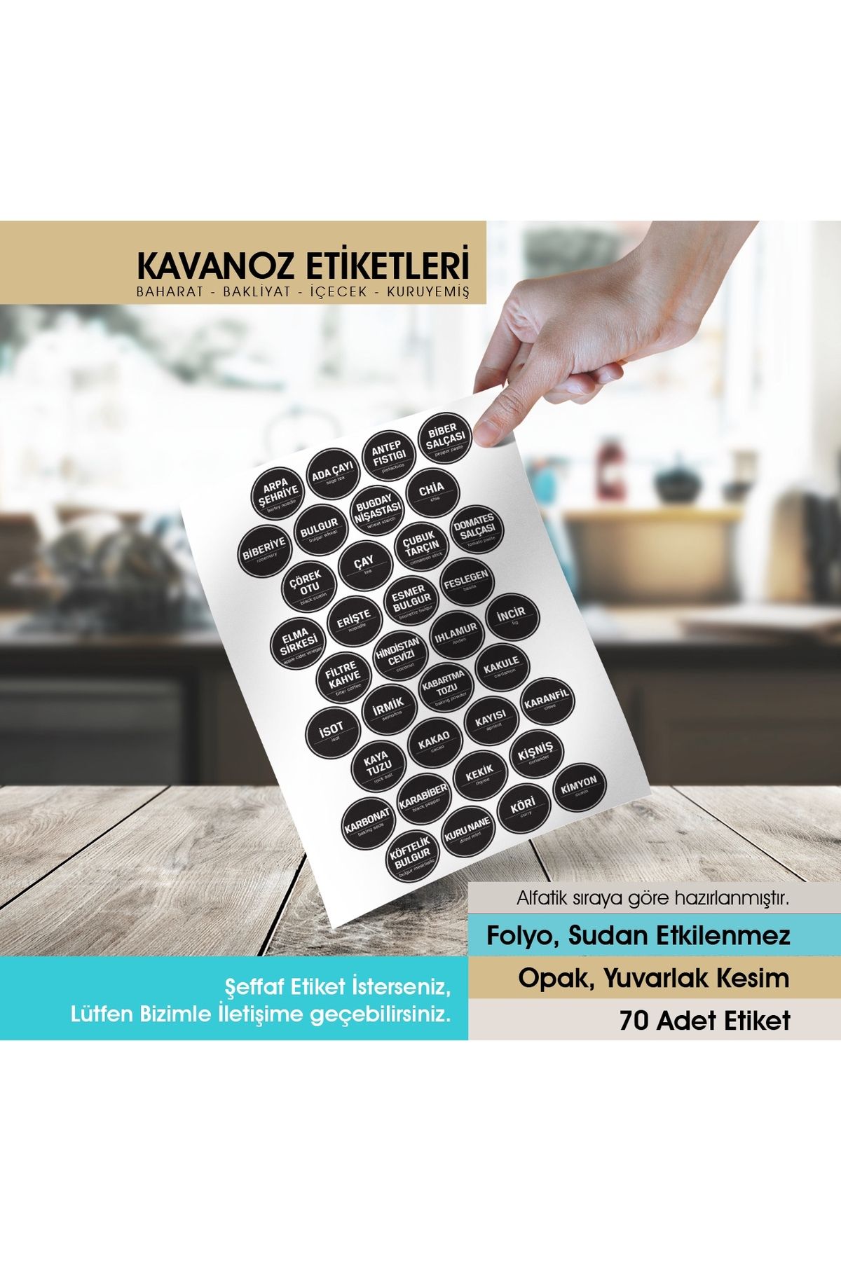 Siyah Yuvarlak Kesim Baharat, Bakliyat Etiket Modeli 4cm - 70 Adet Folyo Sticker