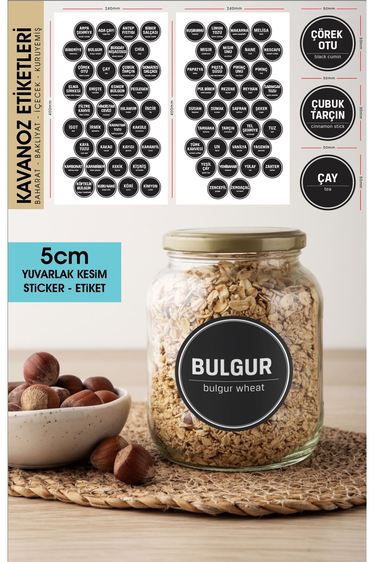 Siyah Yuvarlak Kesim Baharat, Bakliyat Etiket Modeli 5cm - 70 Adet Folyo Sticker