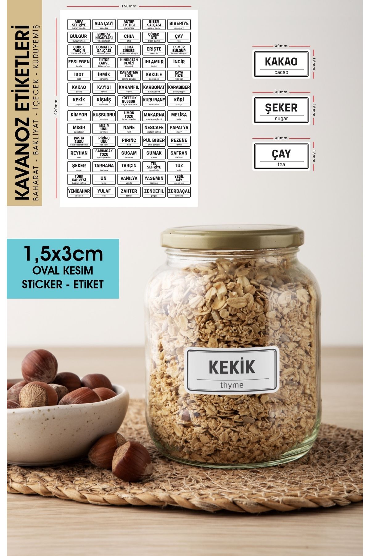 Beyaz Oval Kesim Baharat, Bakliyat Etiket Modeli 1,5x3cm-70 Adet Opak Sticker