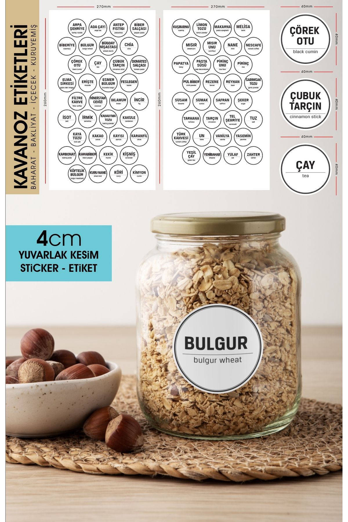 Beyaz Yuvarlak Kesim Baharat, Bakliyat Etiket Modeli 4cm - 70 Adet Folyo Sticker
