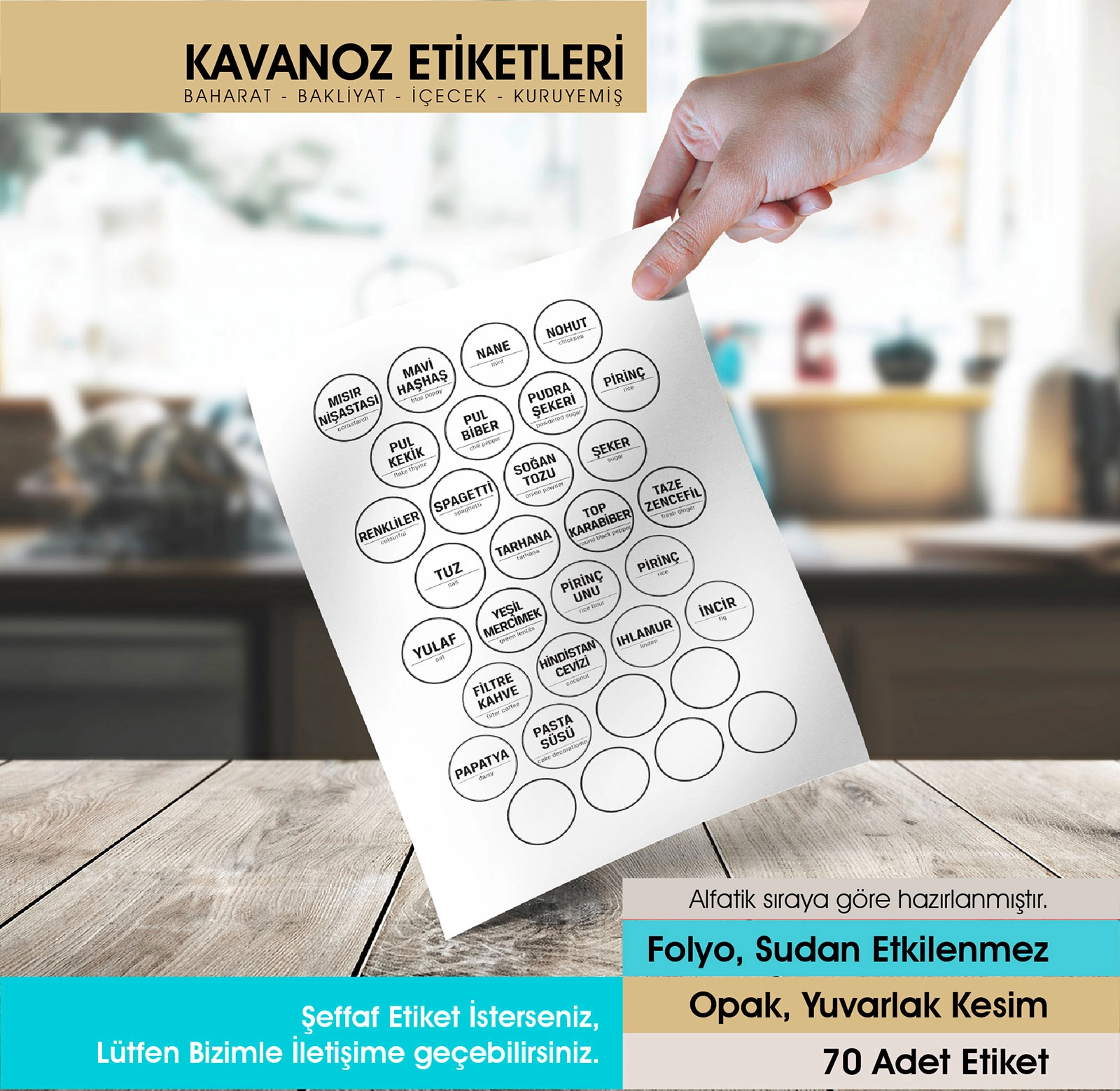 Beyaz Yuvarlak Kesim Baharat, Bakliyat Etiket Modeli V2 - 3cm - 70 Adet Folyo Sticker