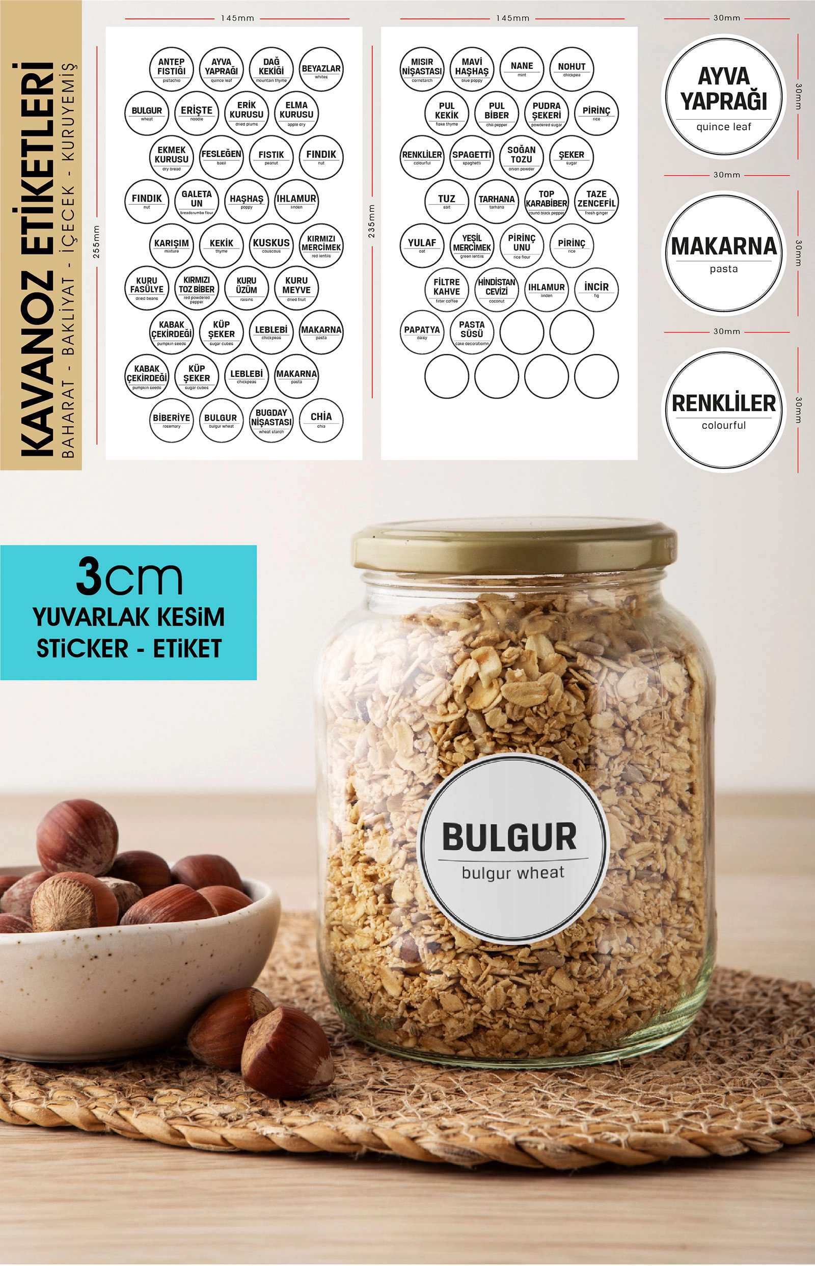 Beyaz Yuvarlak Kesim Baharat, Bakliyat Etiket Modeli V2 - 3cm - 70 Adet Folyo Sticker