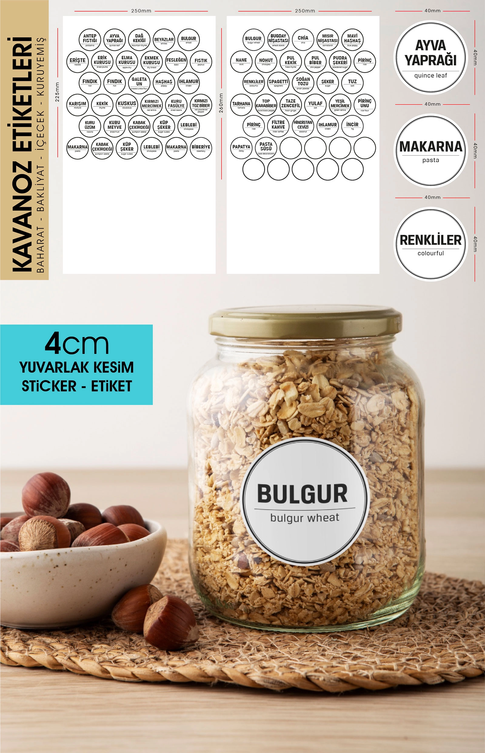 Beyaz Yuvarlak Kesim Baharat, Bakliyat Etiket Modeli V2 - 4cm - 70 Adet Folyo Sticker