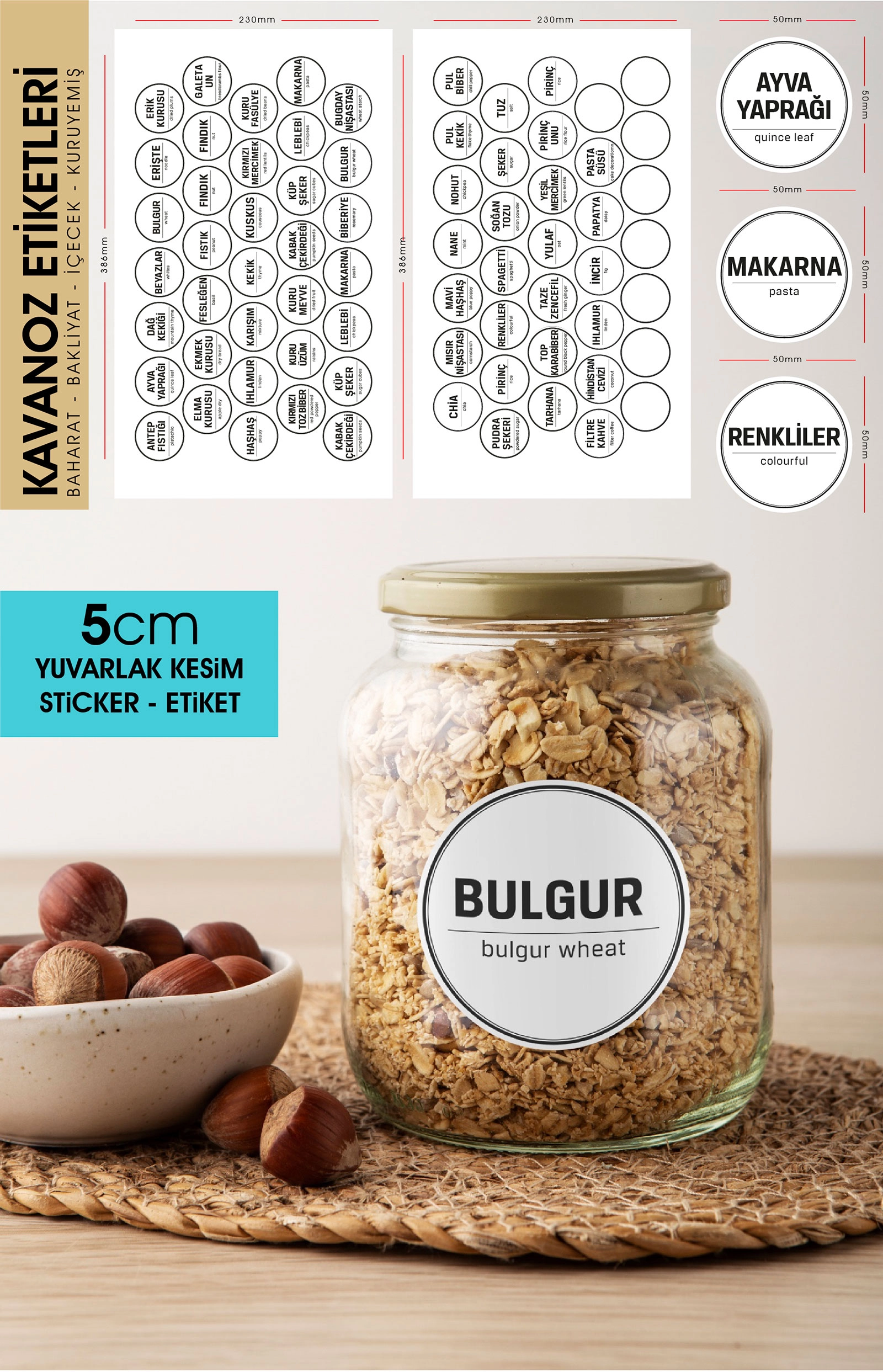 Beyaz Yuvarlak Kesim Baharat, Bakliyat Etiket Modeli V2 - 5cm - 70 Adet Folyo Sticker